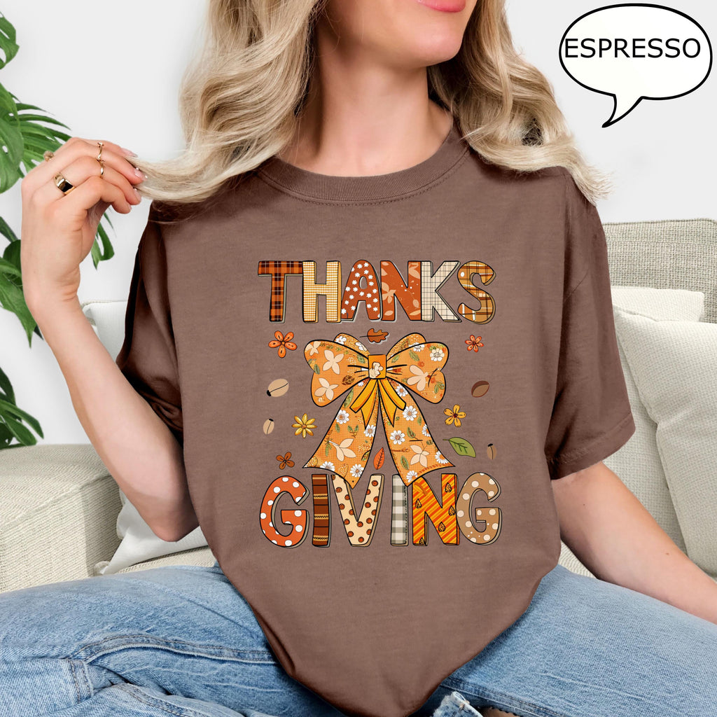 Comfort Colors® Coquette Bow Thanksgiving T-Shirt, Autumn Fall Shirt, Thanksgiving Shirt, Thankful Shirt, Thanksgiving Gift