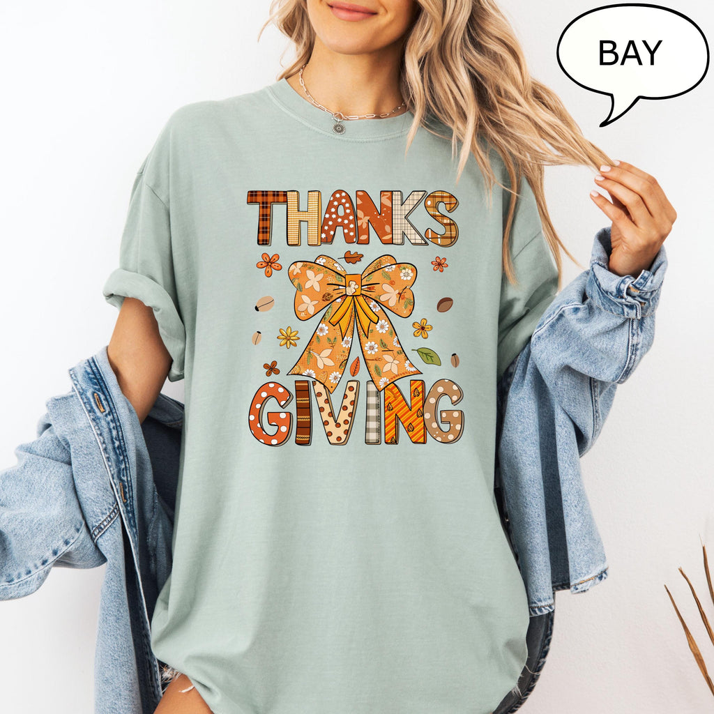 Comfort Colors® Coquette Bow Thanksgiving T-Shirt, Autumn Fall Shirt, Thanksgiving Shirt, Thankful Shirt, Thanksgiving Gift