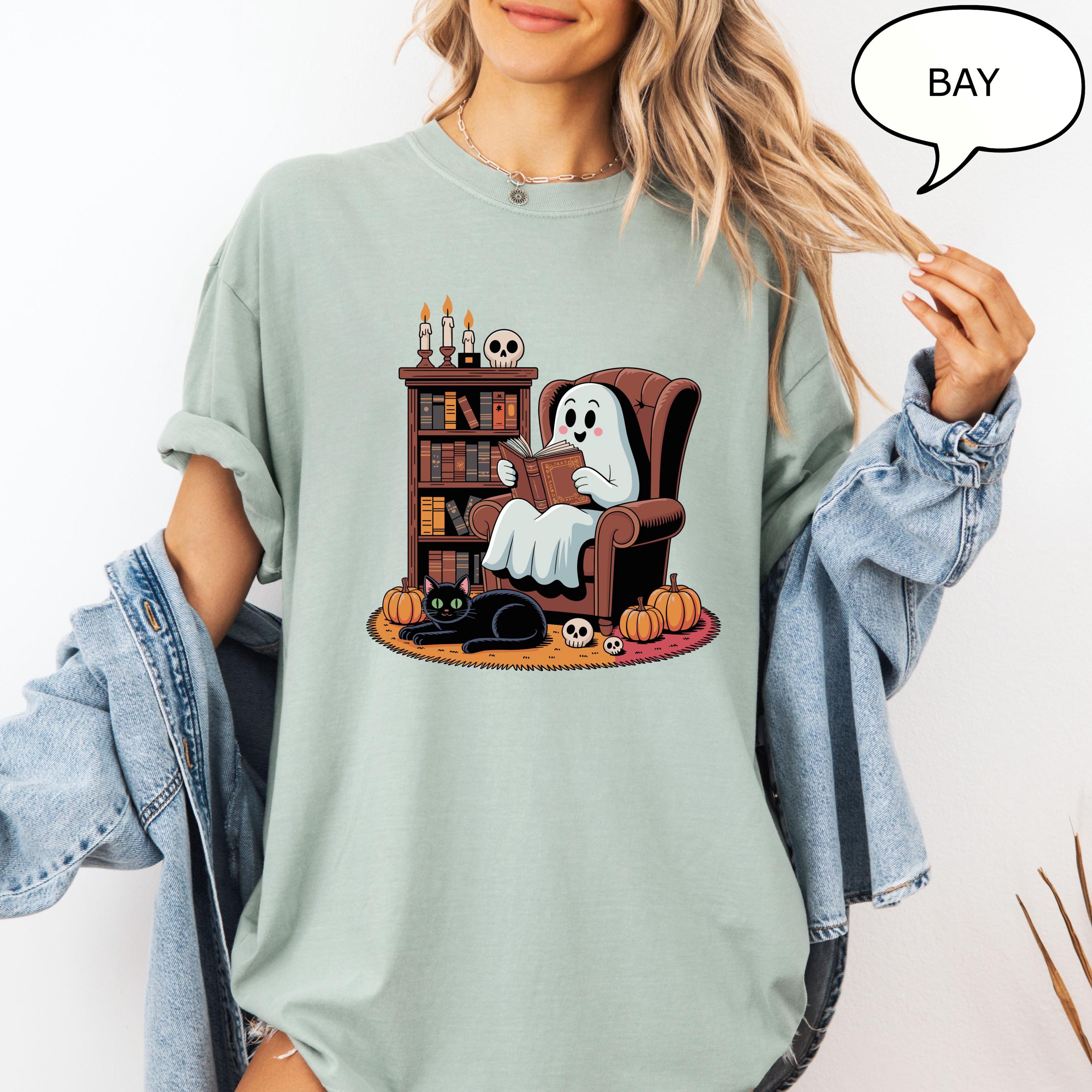 Comfort Colors® Ghost Reading Books T-Shirt, Halloween Teacher Shirt, Ghost Reading Books Cat Shirt, Retro Teacher Shirt