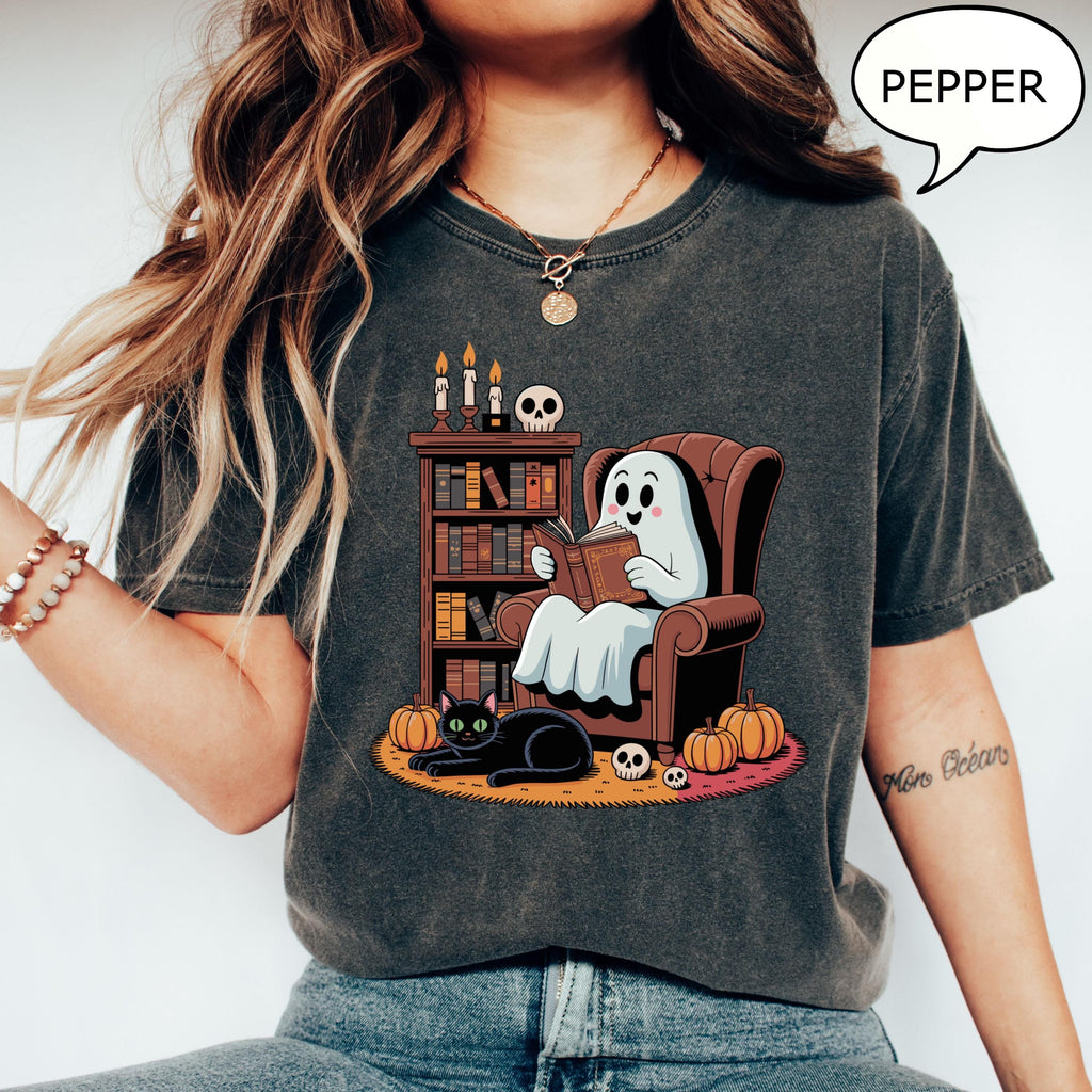 Comfort Colors® Ghost Reading Books T-Shirt, Halloween Teacher Shirt, Ghost Reading Books Cat Shirt, Retro Teacher Shirt