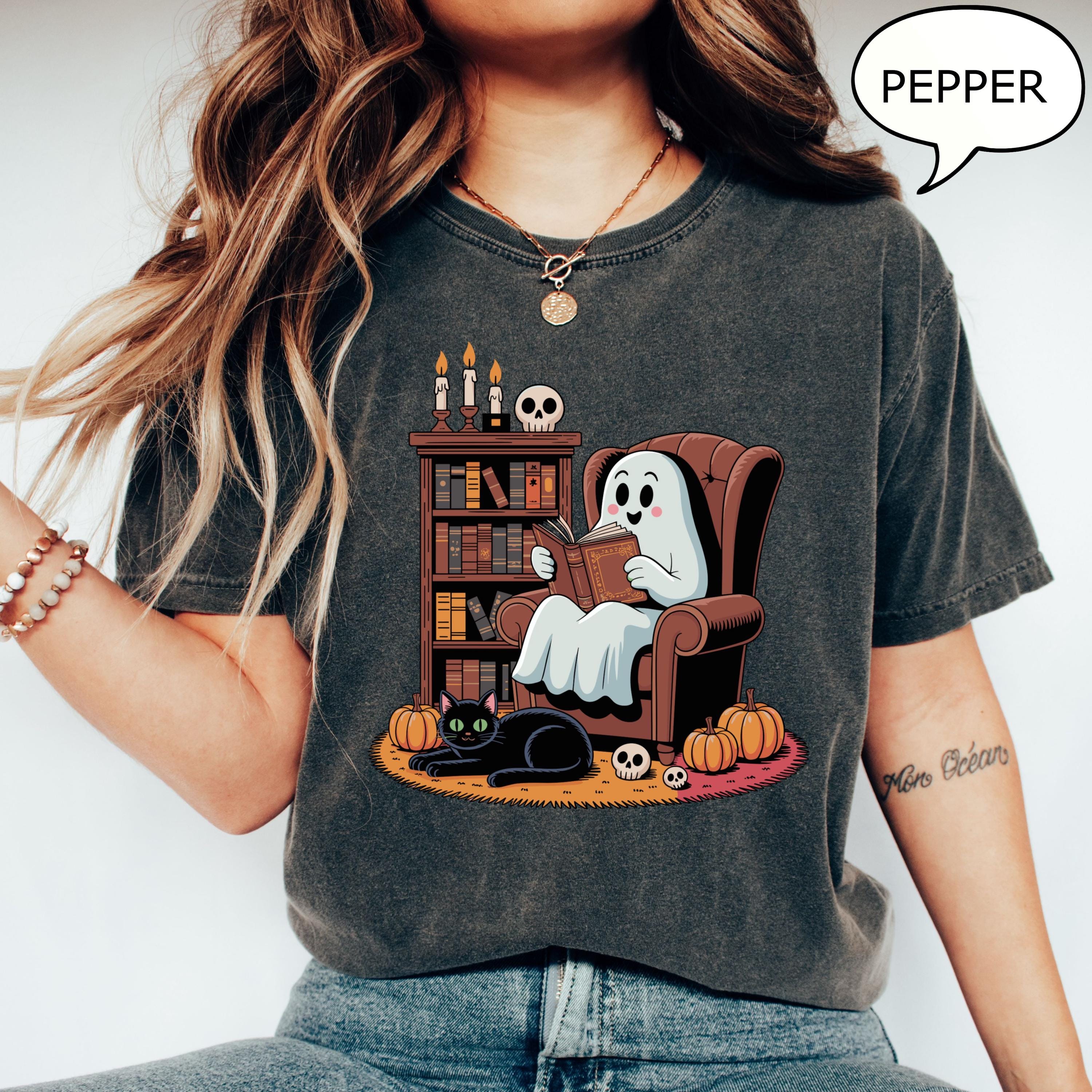 Comfort Colors® Ghost Reading Books T-Shirt, Halloween Teacher Shirt, Ghost Reading Books Cat Shirt, Retro Teacher Shirt