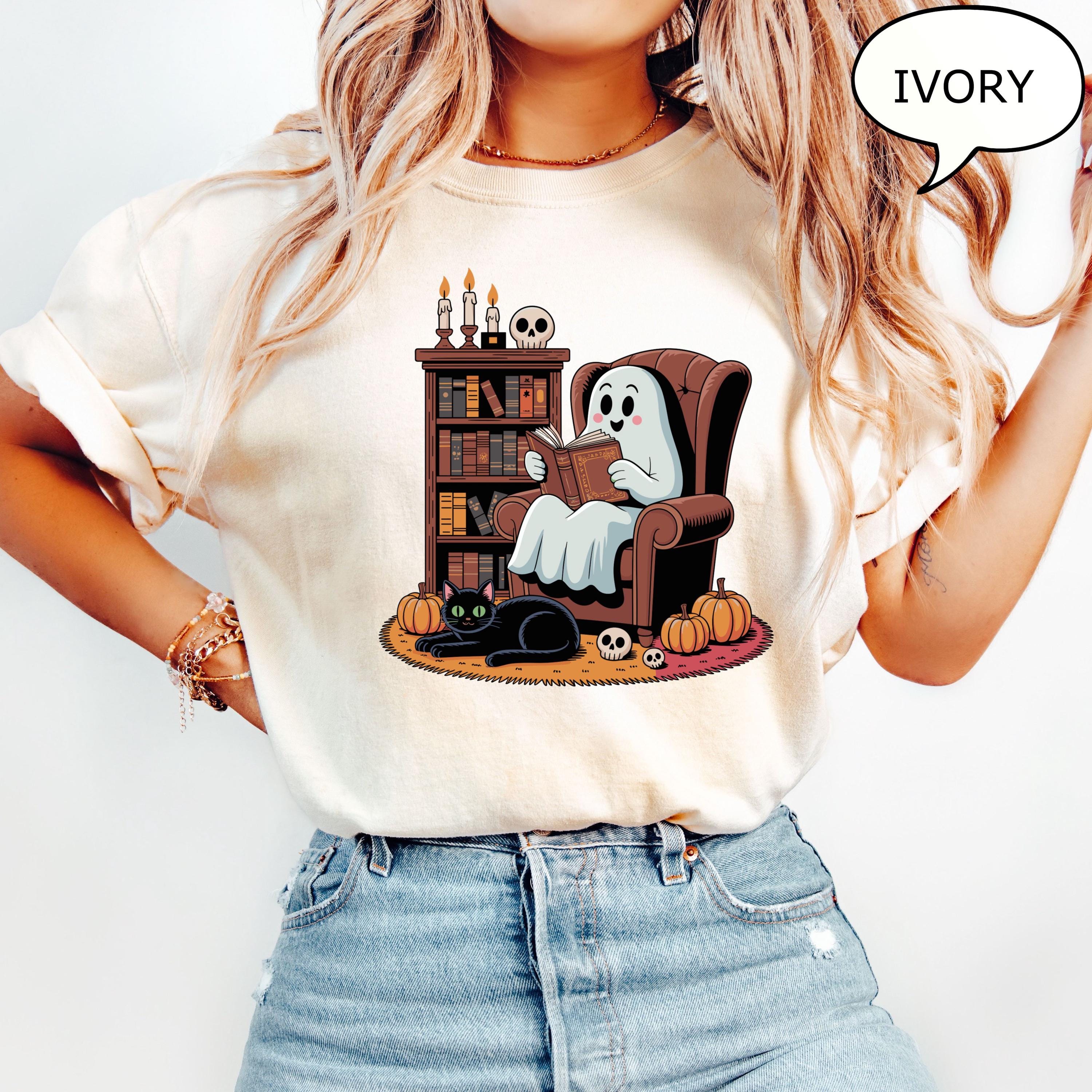 Comfort Colors® Ghost Reading Books T-Shirt, Halloween Teacher Shirt, Ghost Reading Books Cat Shirt, Retro Teacher Shirt
