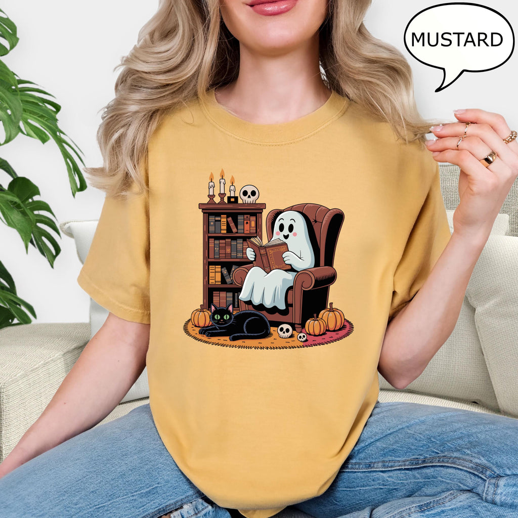 Comfort Colors® Ghost Reading Books T-Shirt, Halloween Teacher Shirt, Ghost Reading Books Cat Shirt, Retro Teacher Shirt