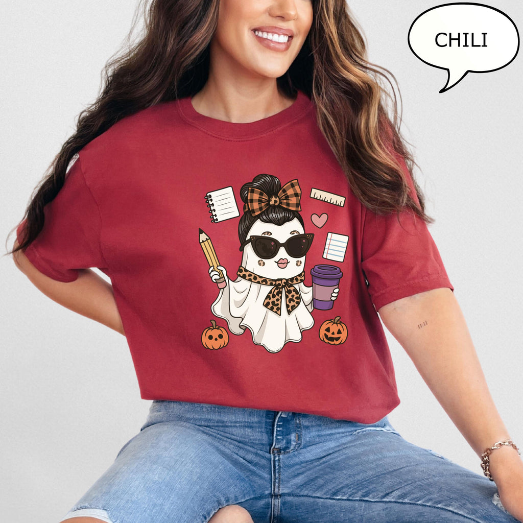 Comfort Colors® Teacher Ghost T-Shirt, Spooky Teacher Shirt, Ghost Drinking Coffee Shirt, Teacher Gift, Teacher Halloween Shirt