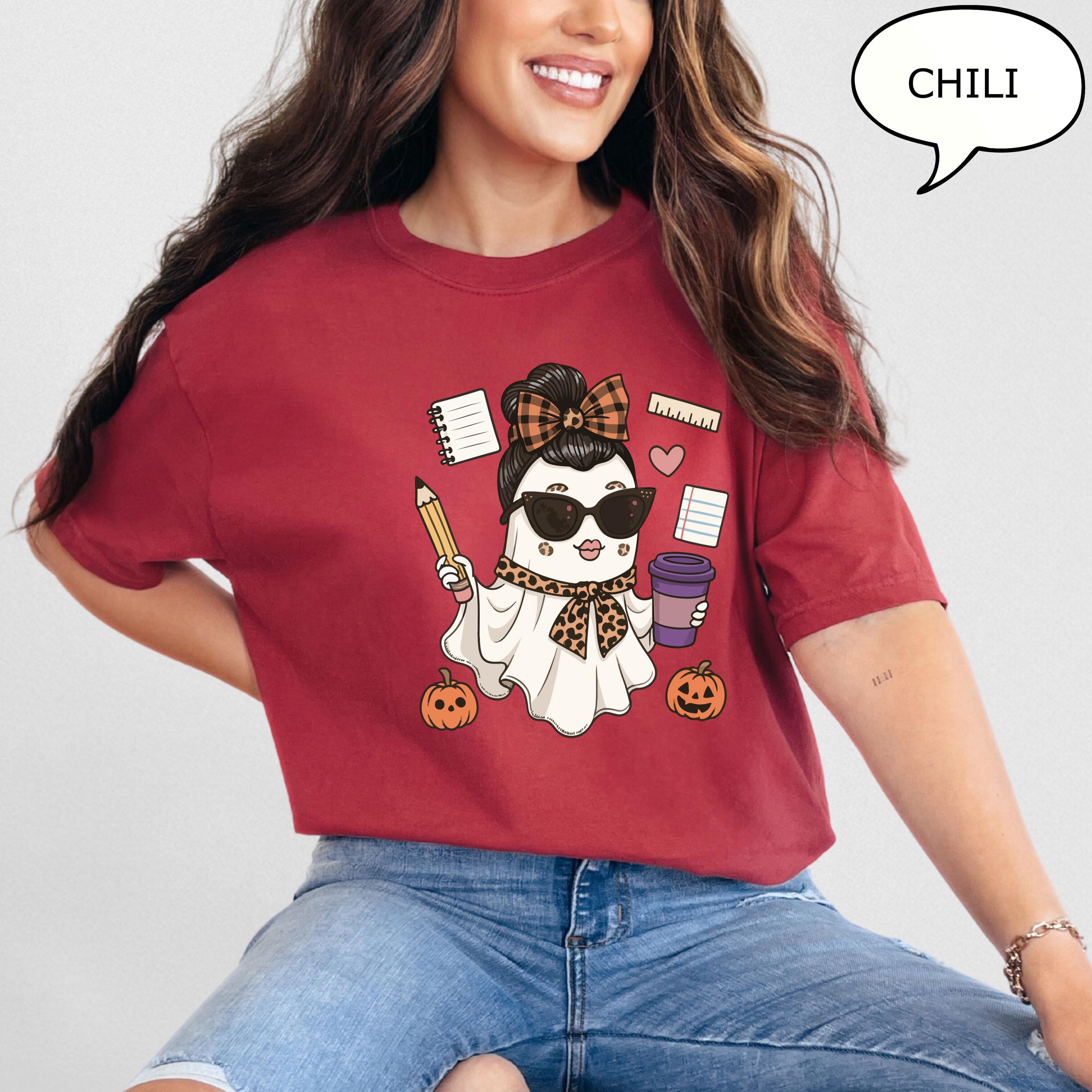 Comfort Colors® Teacher Ghost T-Shirt, Spooky Teacher Shirt, Ghost Drinking Coffee Shirt, Teacher Gift, Teacher Halloween Shirt