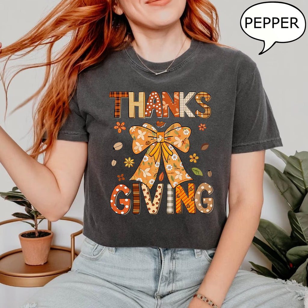 Comfort Colors® Coquette Bow Thanksgiving T-Shirt, Autumn Fall Shirt, Thanksgiving Shirt, Thankful Shirt, Thanksgiving Gift