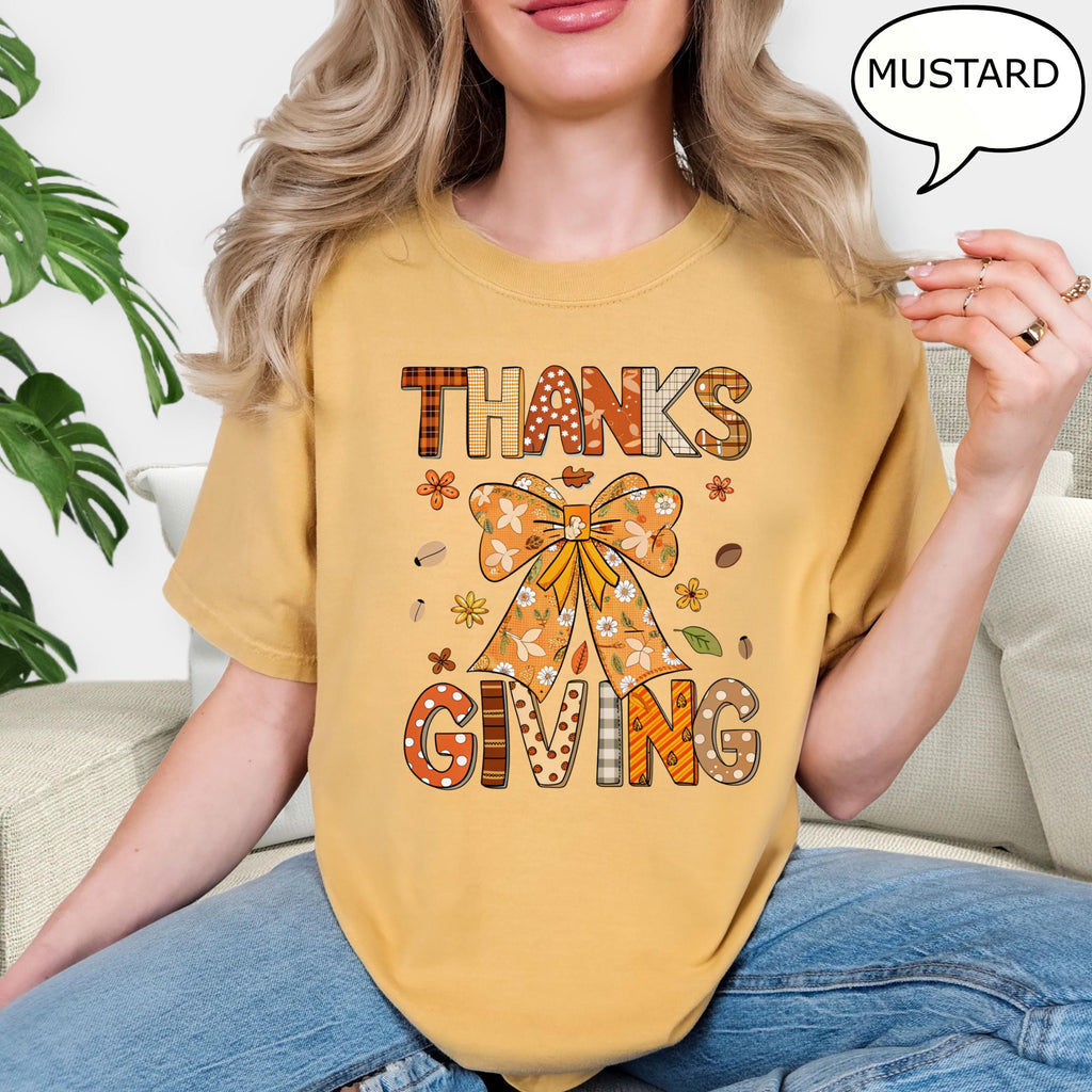 Comfort Colors® Coquette Bow Thanksgiving T-Shirt, Autumn Fall Shirt, Thanksgiving Shirt, Thankful Shirt, Thanksgiving Gift