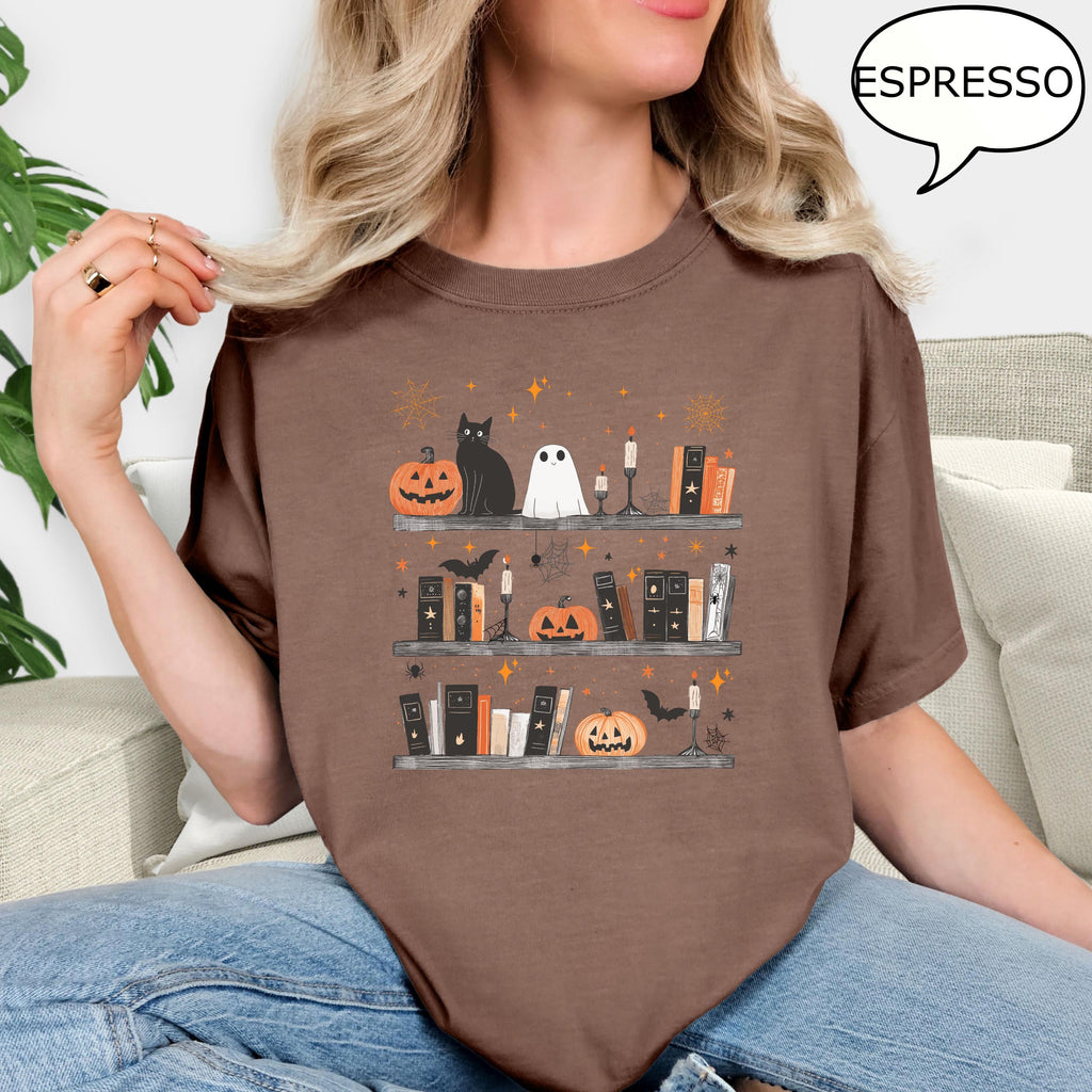 Comfort Colors® Pumpkin Cat Ghost and Book Shirt, Halloween Teacher Shirt, Book Lover Halloween Shirt, Retro Ghost Shirt