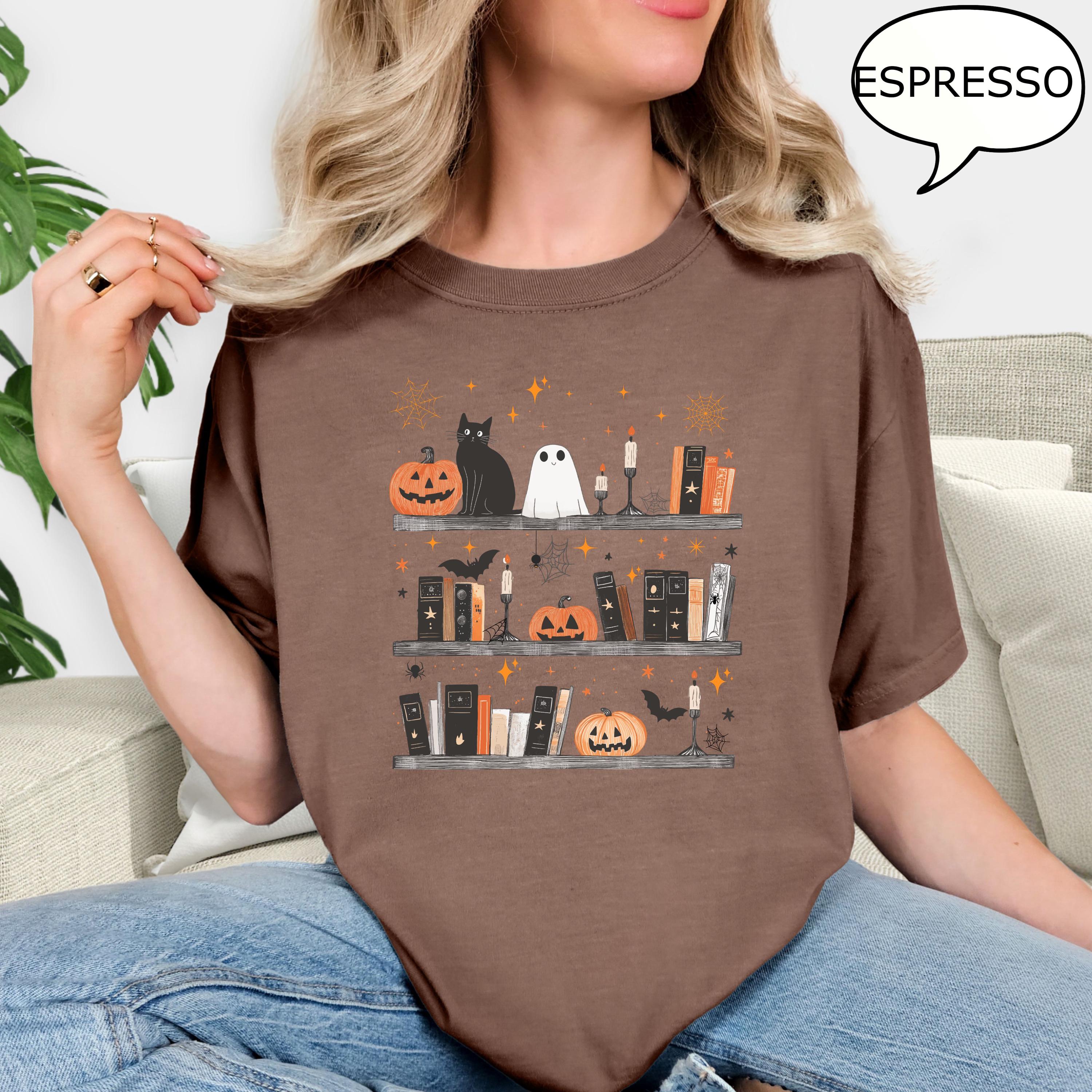 Comfort Colors® Pumpkin Cat Ghost and Book Shirt, Halloween Teacher Shirt, Book Lover Halloween Shirt, Retro Ghost Shirt
