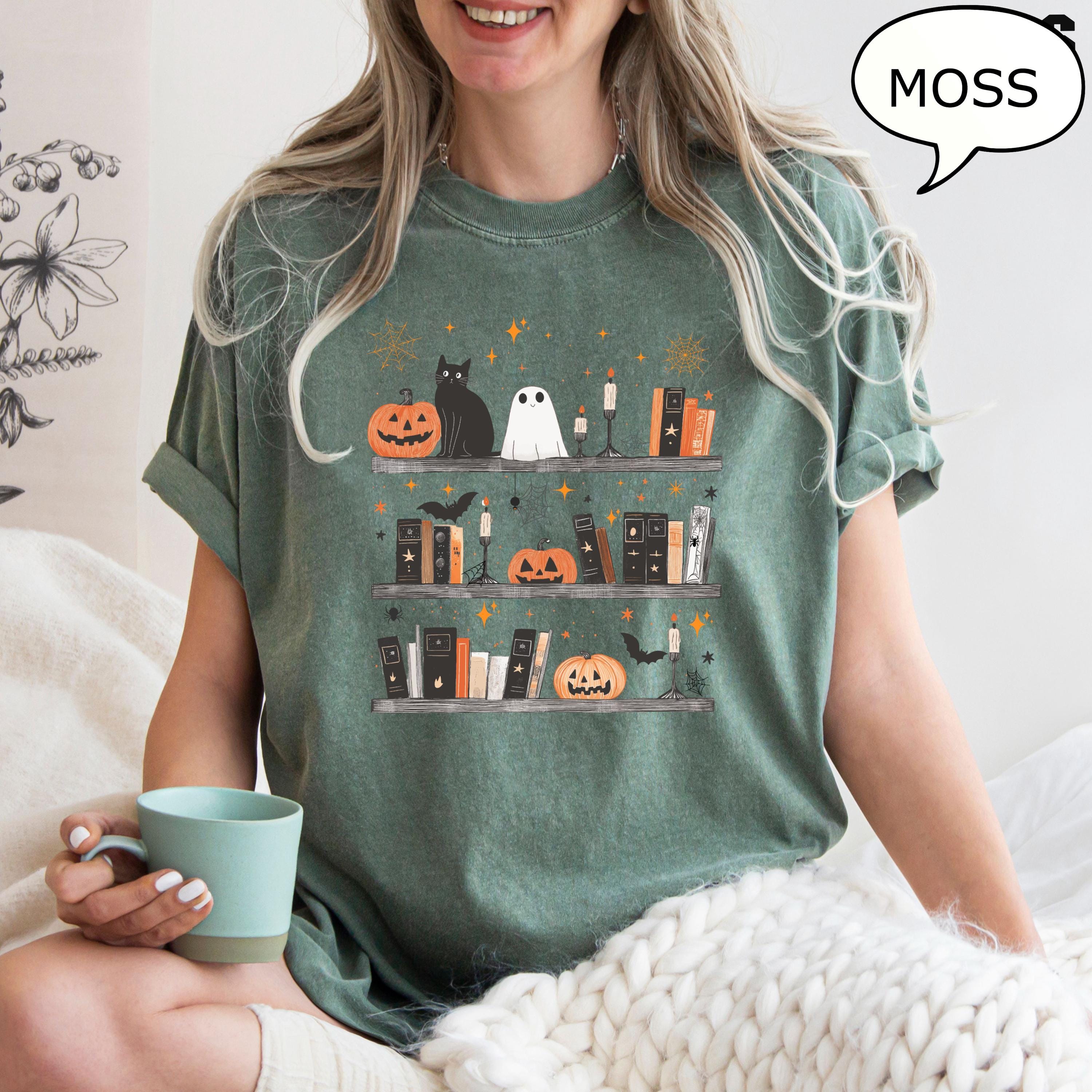 Comfort Colors® Pumpkin Cat Ghost and Book Shirt, Halloween Teacher Shirt, Book Lover Halloween Shirt, Retro Ghost Shirt