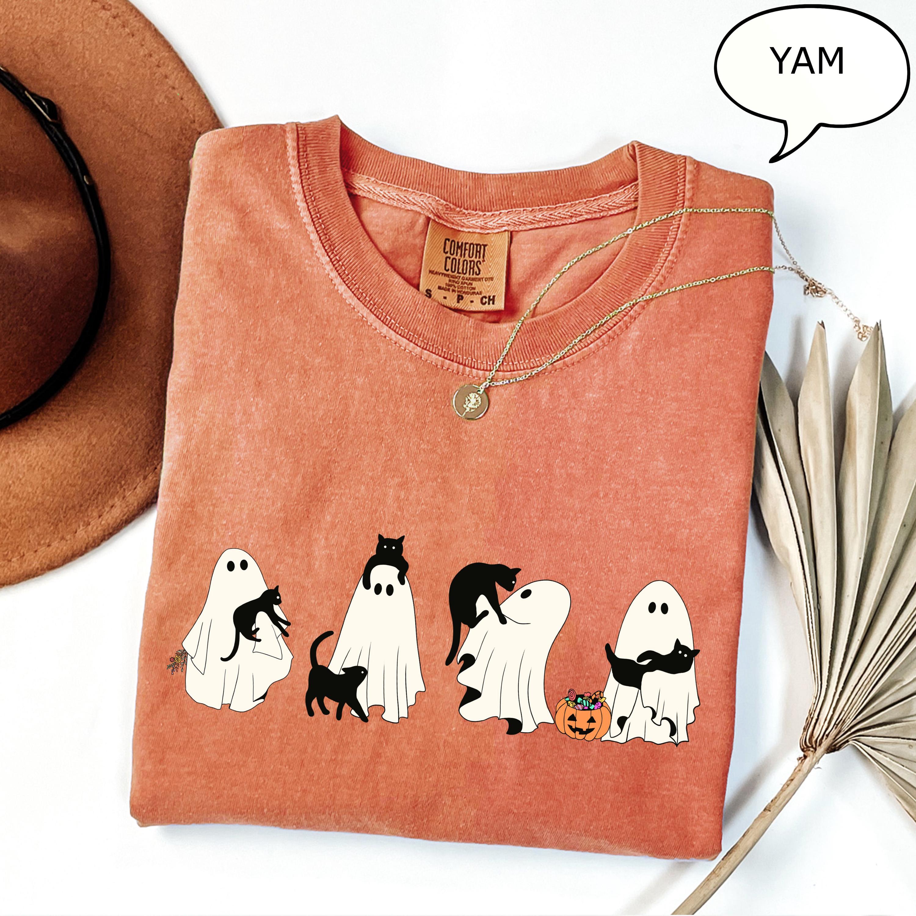 Comfort Colors® Ghost And Cat T-Shirt, Halloween Ghost Shirt, Halloween Cat Shirt, Cat Lower Halloween Gift, Spooky Season Cat Shirt
