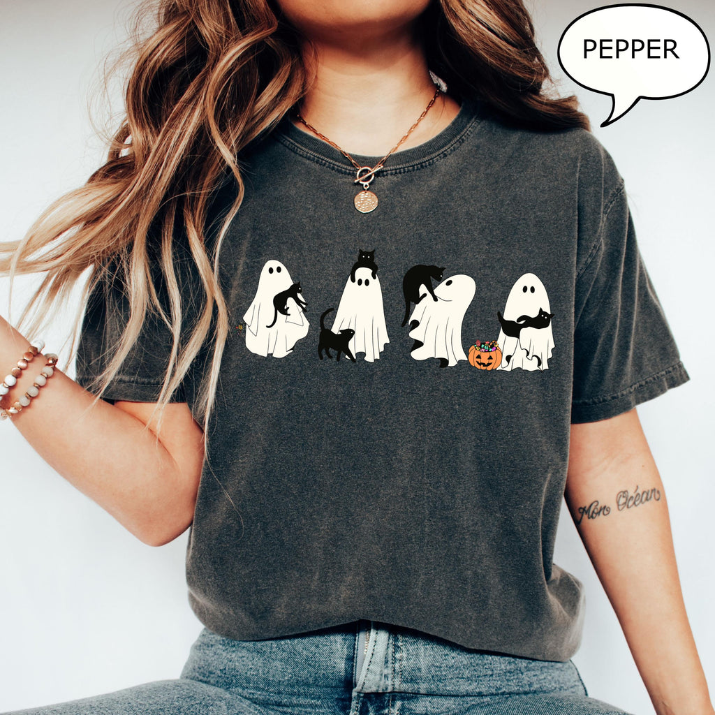Comfort Colors® Ghost And Cat T-Shirt, Halloween Ghost Shirt, Halloween Cat Shirt, Cat Lower Halloween Gift, Spooky Season Cat Shirt