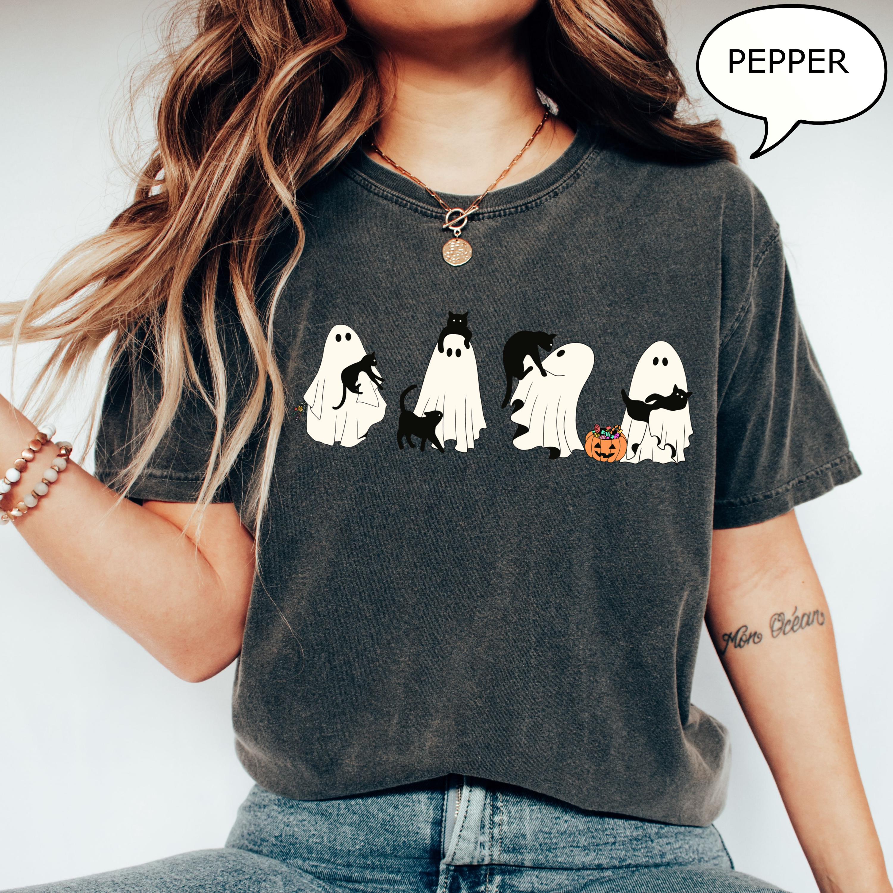 Comfort Colors® Ghost And Cat T-Shirt, Halloween Ghost Shirt, Halloween Cat Shirt, Cat Lower Halloween Gift, Spooky Season Cat Shirt