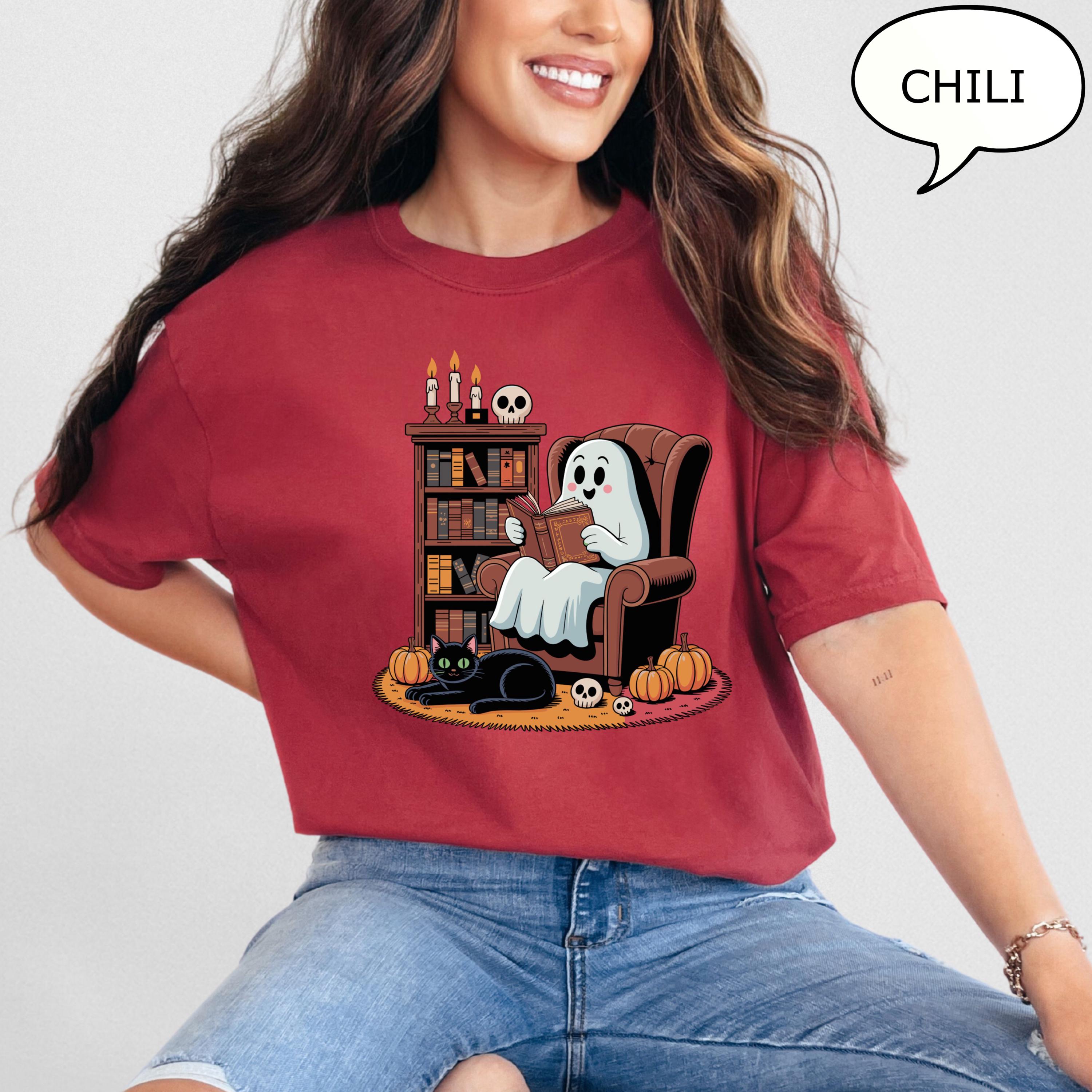 Comfort Colors® Ghost Reading Books T-Shirt, Halloween Teacher Shirt, Ghost Reading Books Cat Shirt, Retro Teacher Shirt
