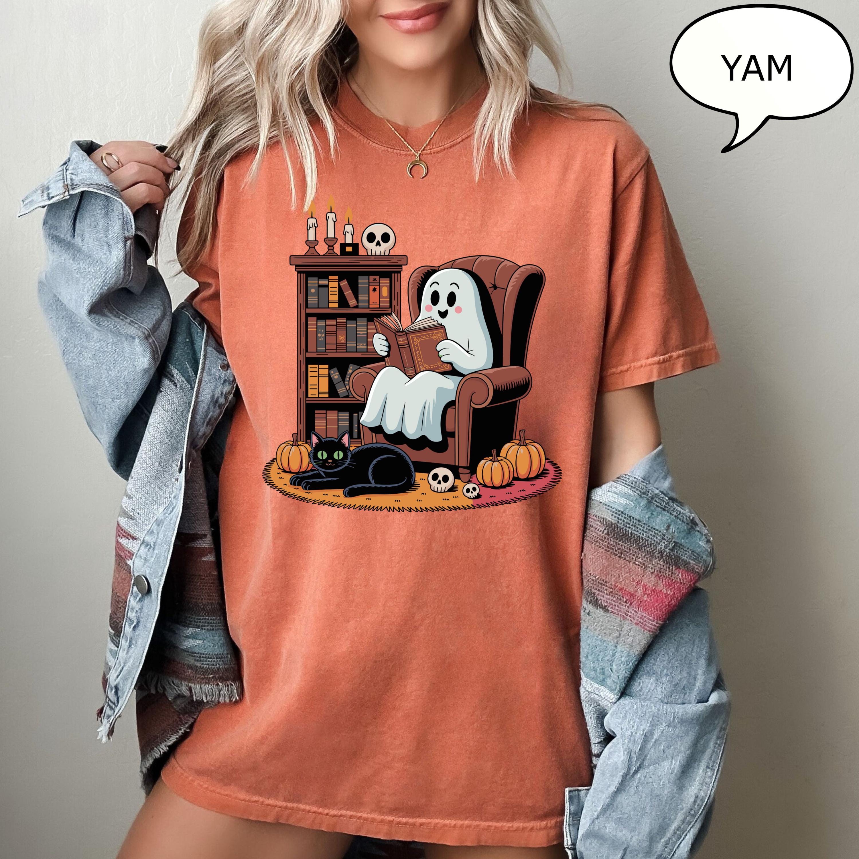 Comfort Colors® Ghost Reading Books T-Shirt, Halloween Teacher Shirt, Ghost Reading Books Cat Shirt, Retro Teacher Shirt