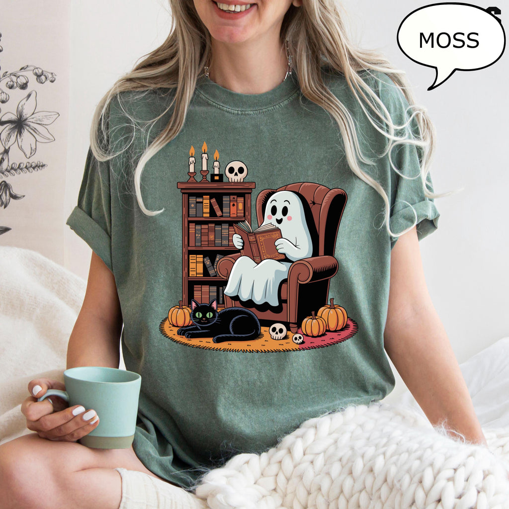 Comfort Colors® Ghost Reading Books T-Shirt, Halloween Teacher Shirt, Ghost Reading Books Cat Shirt, Retro Teacher Shirt