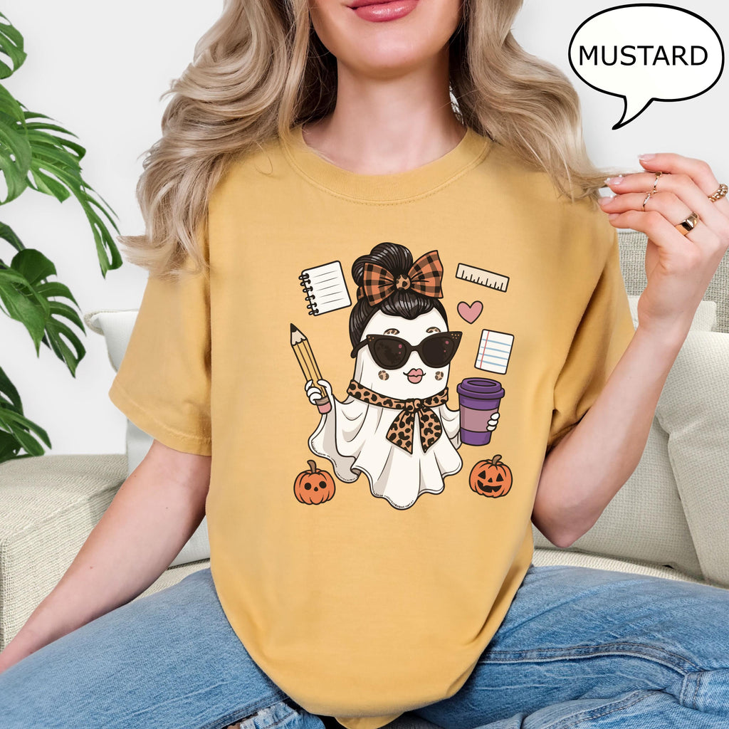 Comfort Colors® Teacher Ghost T-Shirt, Spooky Teacher Shirt, Ghost Drinking Coffee Shirt, Teacher Gift, Teacher Halloween Shirt