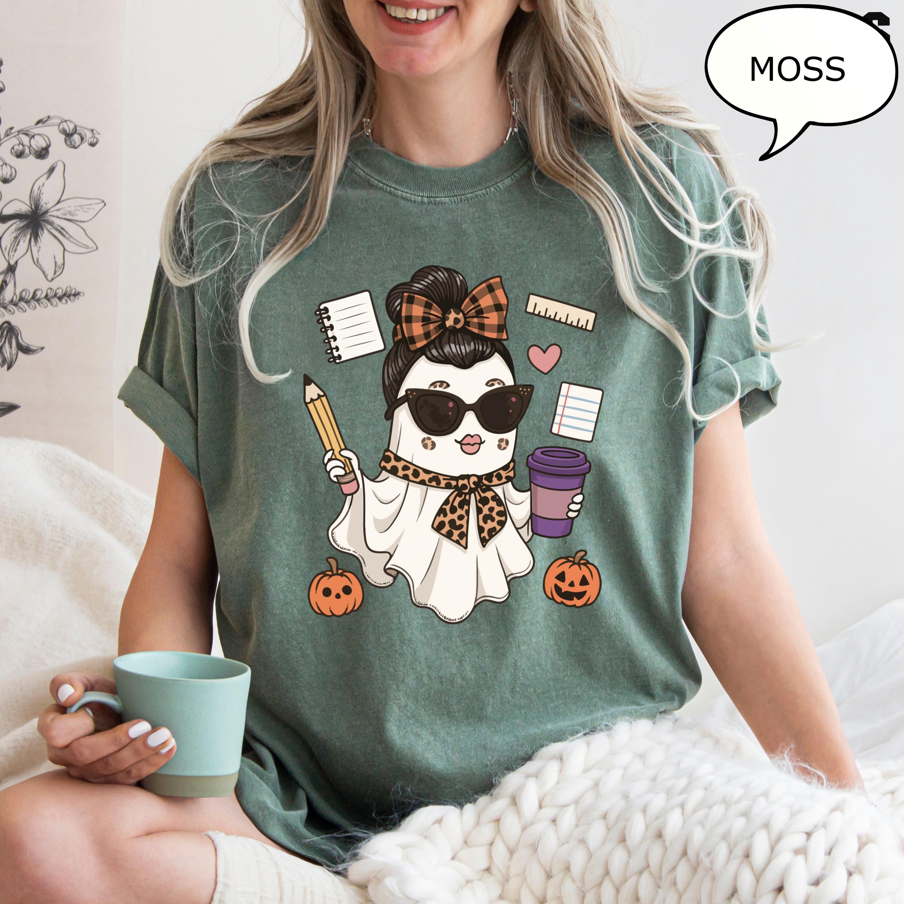 Comfort Colors® Teacher Ghost T-Shirt, Spooky Teacher Shirt, Ghost Drinking Coffee Shirt, Teacher Gift, Teacher Halloween Shirt