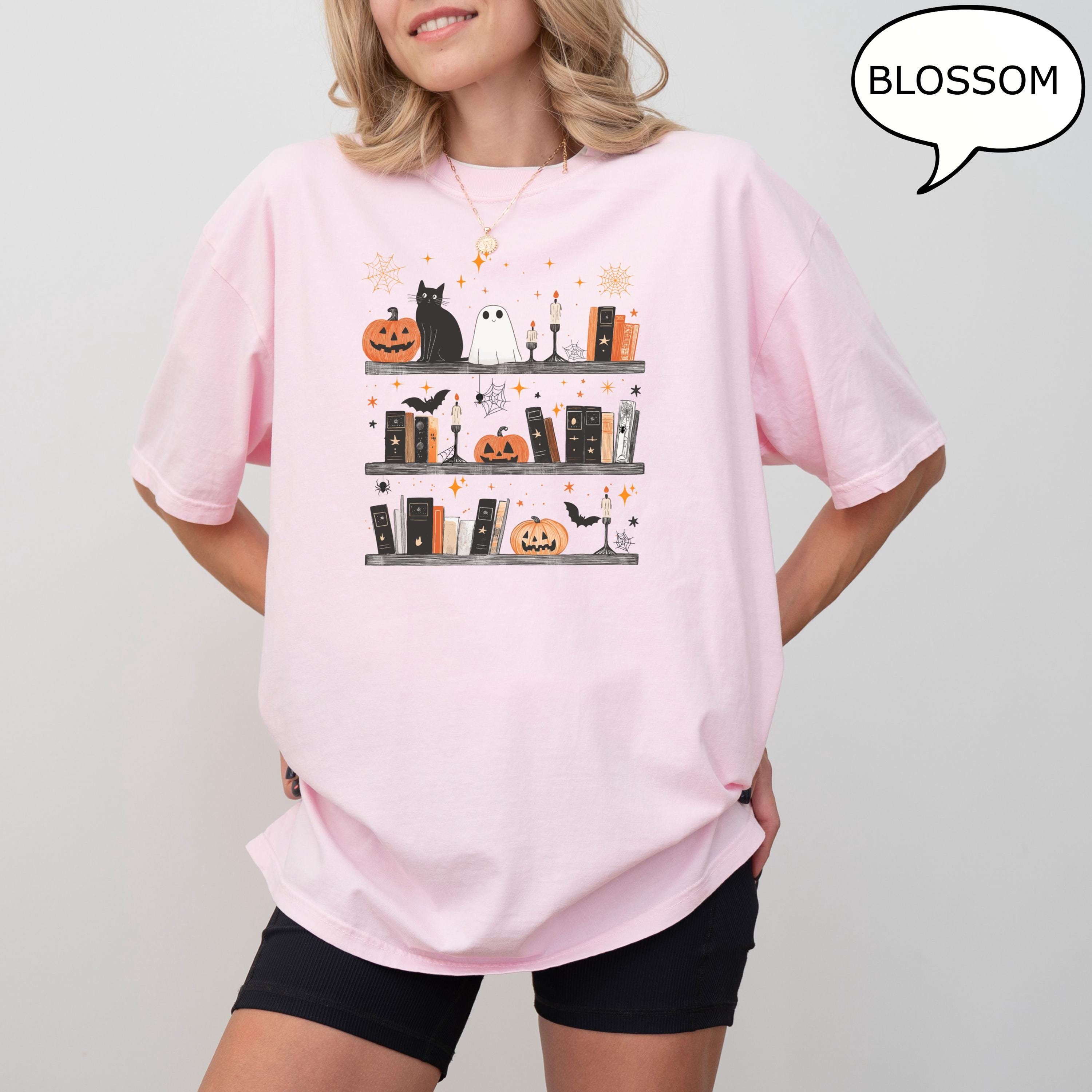 Comfort Colors® Pumpkin Cat Ghost and Book Shirt, Halloween Teacher Shirt, Book Lover Halloween Shirt, Retro Ghost Shirt