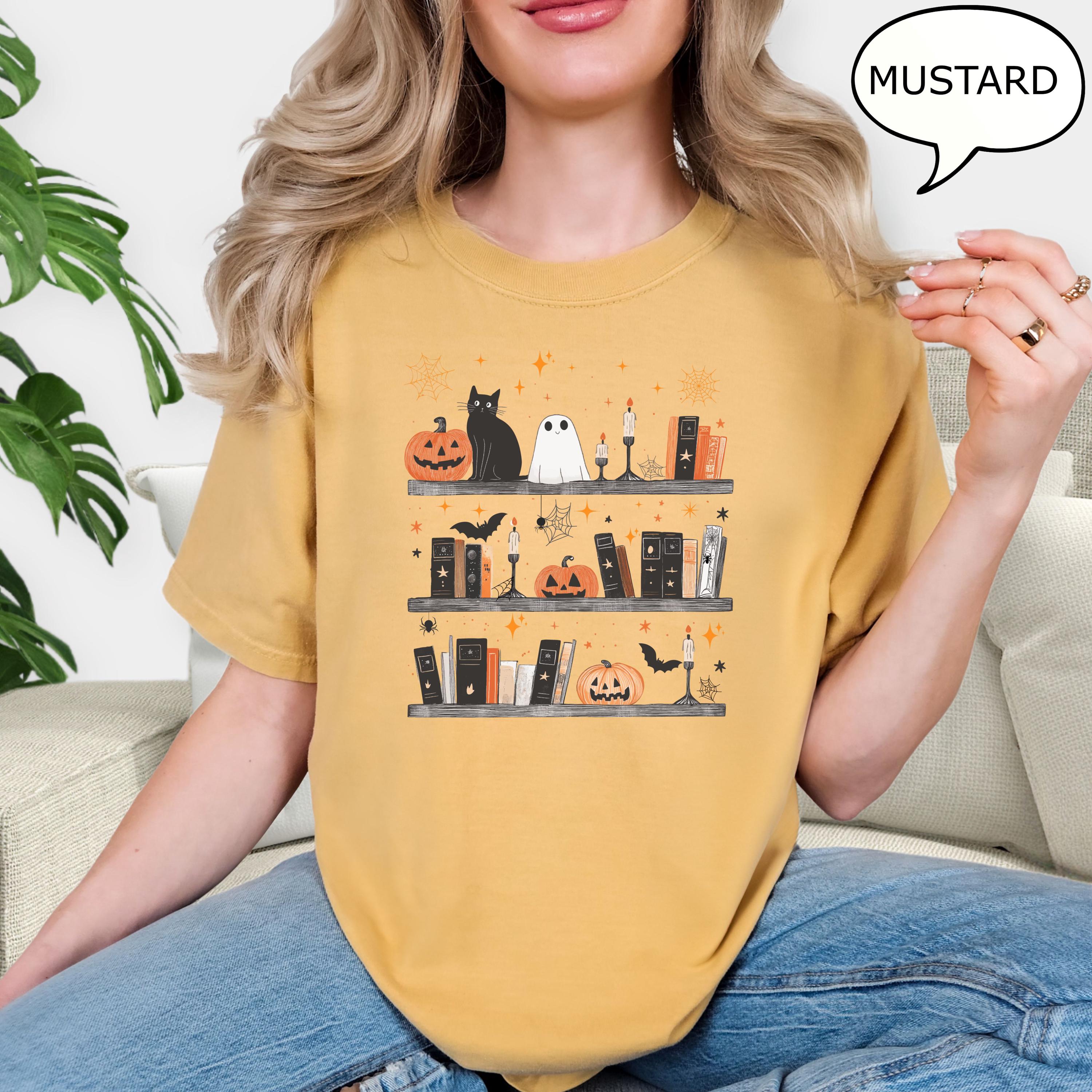 Comfort Colors® Pumpkin Cat Ghost and Book Shirt, Halloween Teacher Shirt, Book Lover Halloween Shirt, Retro Ghost Shirt