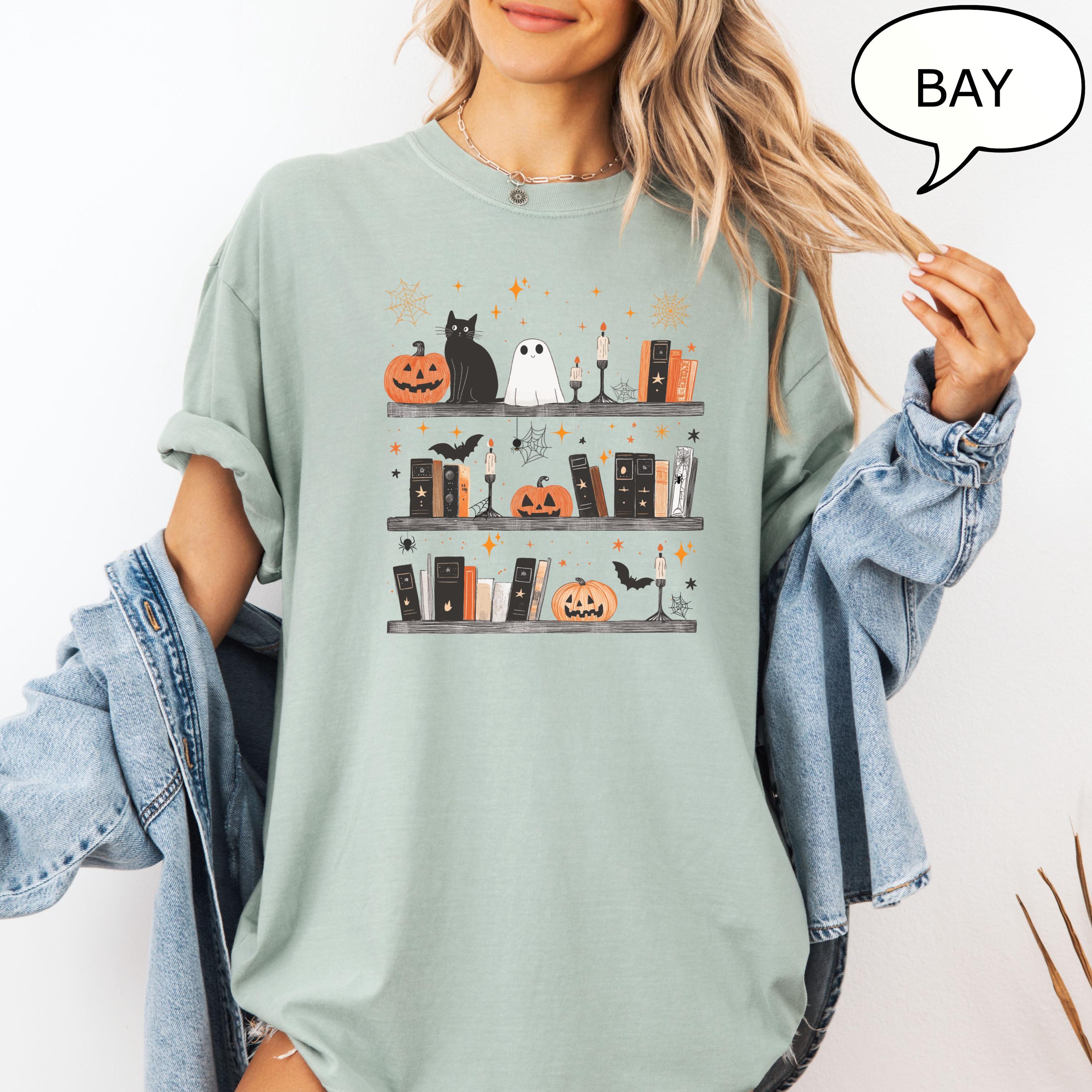 Comfort Colors® Pumpkin Cat Ghost and Book Shirt, Halloween Teacher Shirt, Book Lover Halloween Shirt, Retro Ghost Shirt