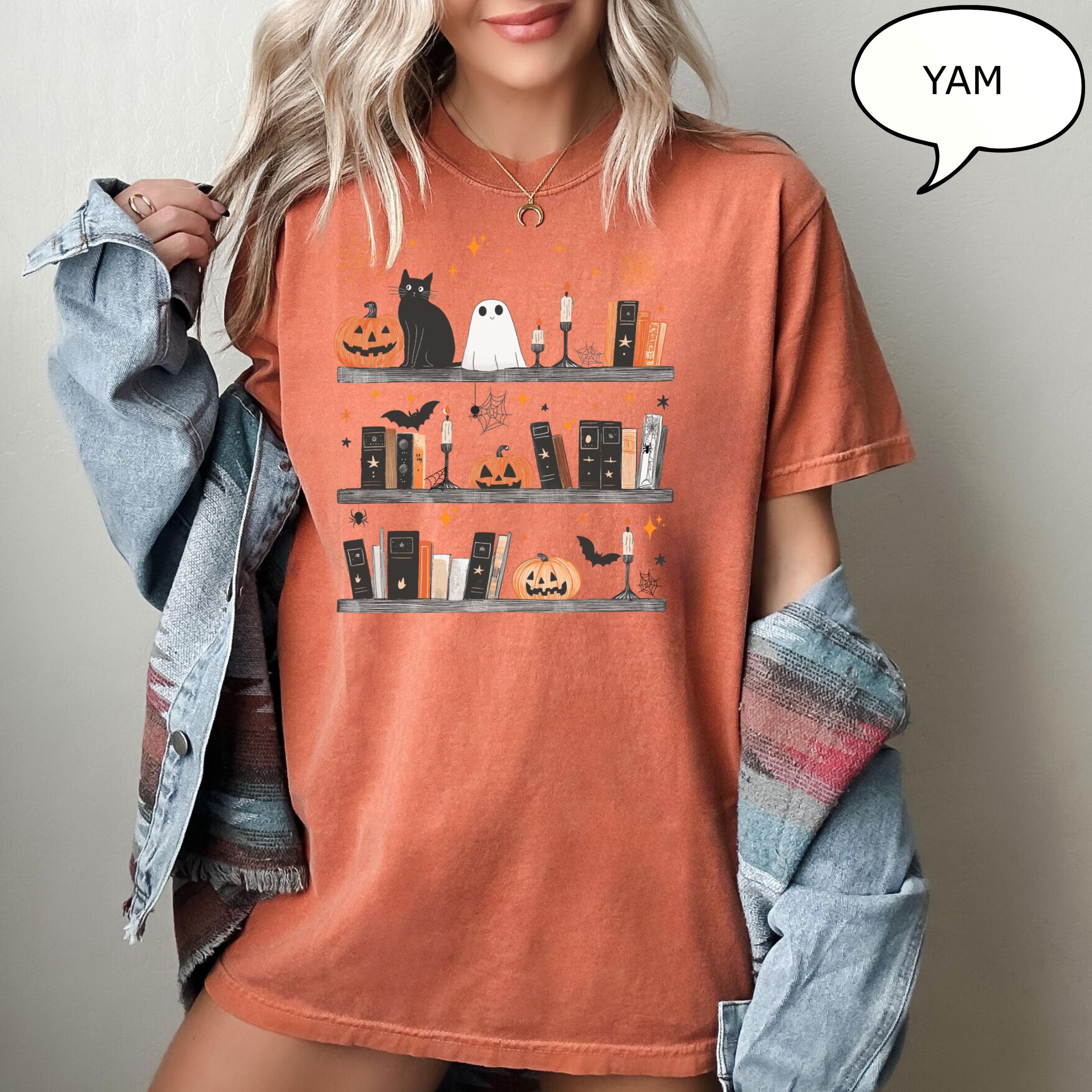 Comfort Colors® Pumpkin Cat Ghost and Book Shirt, Halloween Teacher Shirt, Book Lover Halloween Shirt, Retro Ghost Shirt