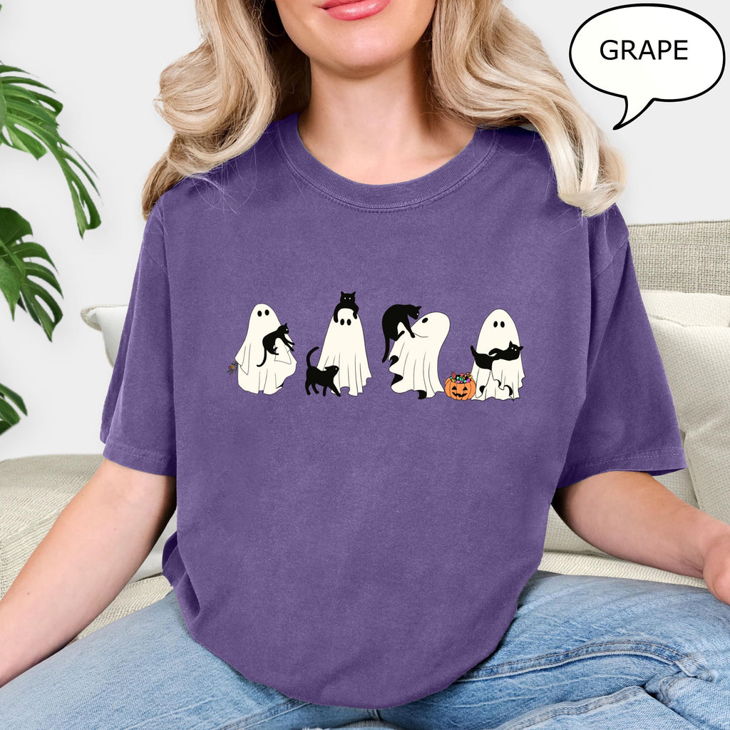 Comfort Colors® Ghost And Cat T-Shirt, Halloween Ghost Shirt, Halloween Cat Shirt, Cat Lower Halloween Gift, Spooky Season Cat Shirt