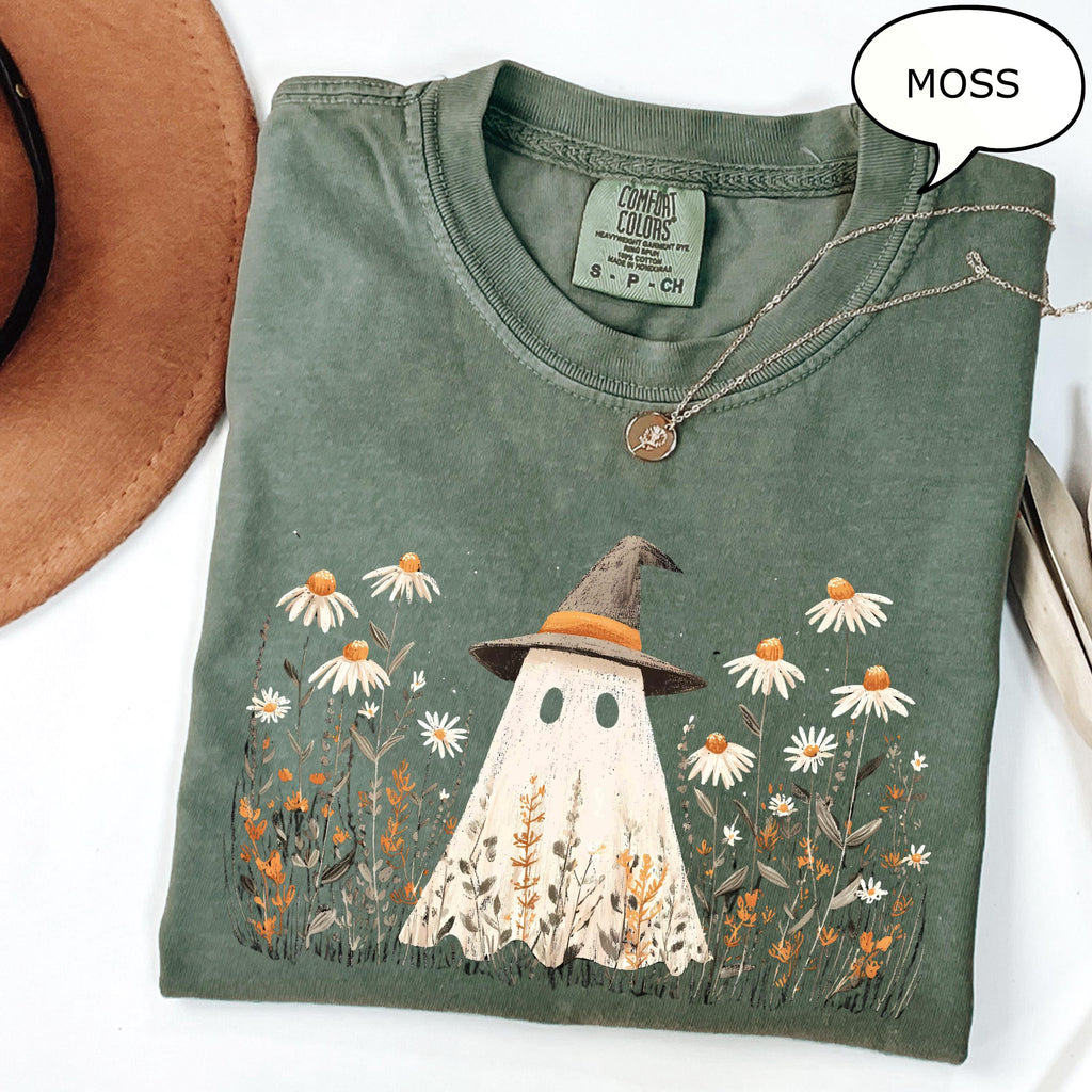 Comfort Colors® Cute Ghost T-Shirt, Floral Ghost Shirt, Retro Halloween Shirt, Fall Aesthetic Halloween Shirt, Daisy Flower Shirt