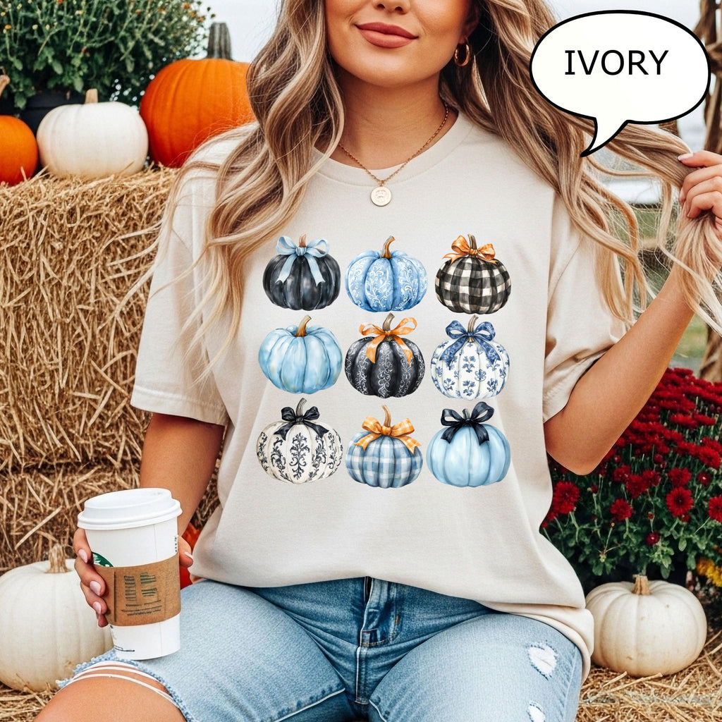 Comfort Colors® Blue Bow Pumpkin T-Shirt, Coquette Pumpkin Shirt, Blue Pumpkin Shirt, Pumpkin Season Shirt, Fall Pumpkin Tee