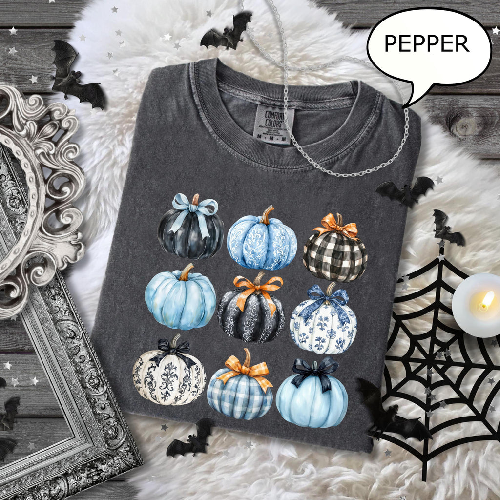 Comfort Colors® Blue Bow Pumpkin T-Shirt, Coquette Pumpkin Shirt, Blue Pumpkin Shirt, Pumpkin Season Shirt, Fall Pumpkin Tee