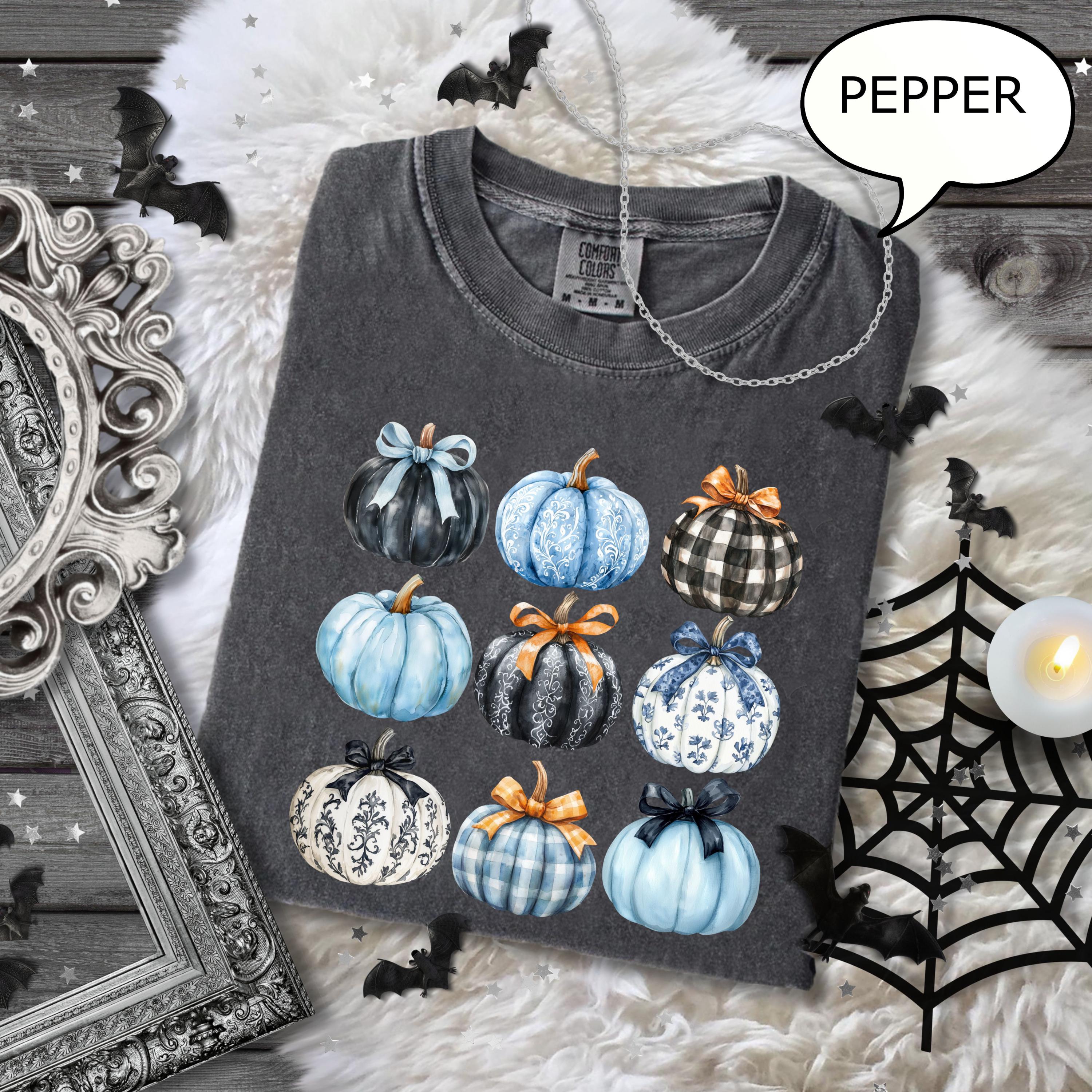 Comfort Colors® Blue Bow Pumpkin T-Shirt, Coquette Pumpkin Shirt, Blue Pumpkin Shirt, Pumpkin Season Shirt, Fall Pumpkin Tee