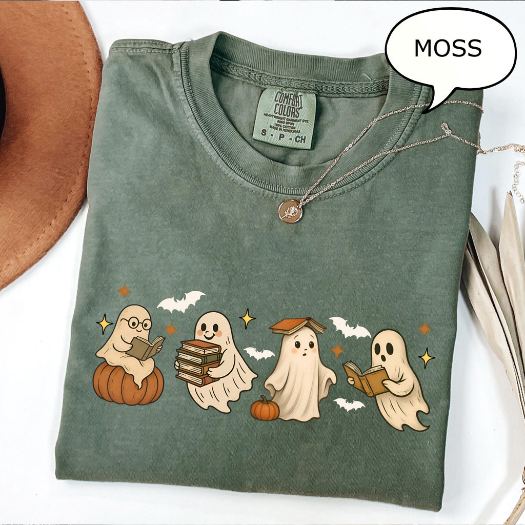 Comfort Colors® Ghost Reading Book T-Shirt, Halloween Ghost Shirt, Book Lover Gift, Teacher Halloween Shirt, Cute Ghost And Book Shirt