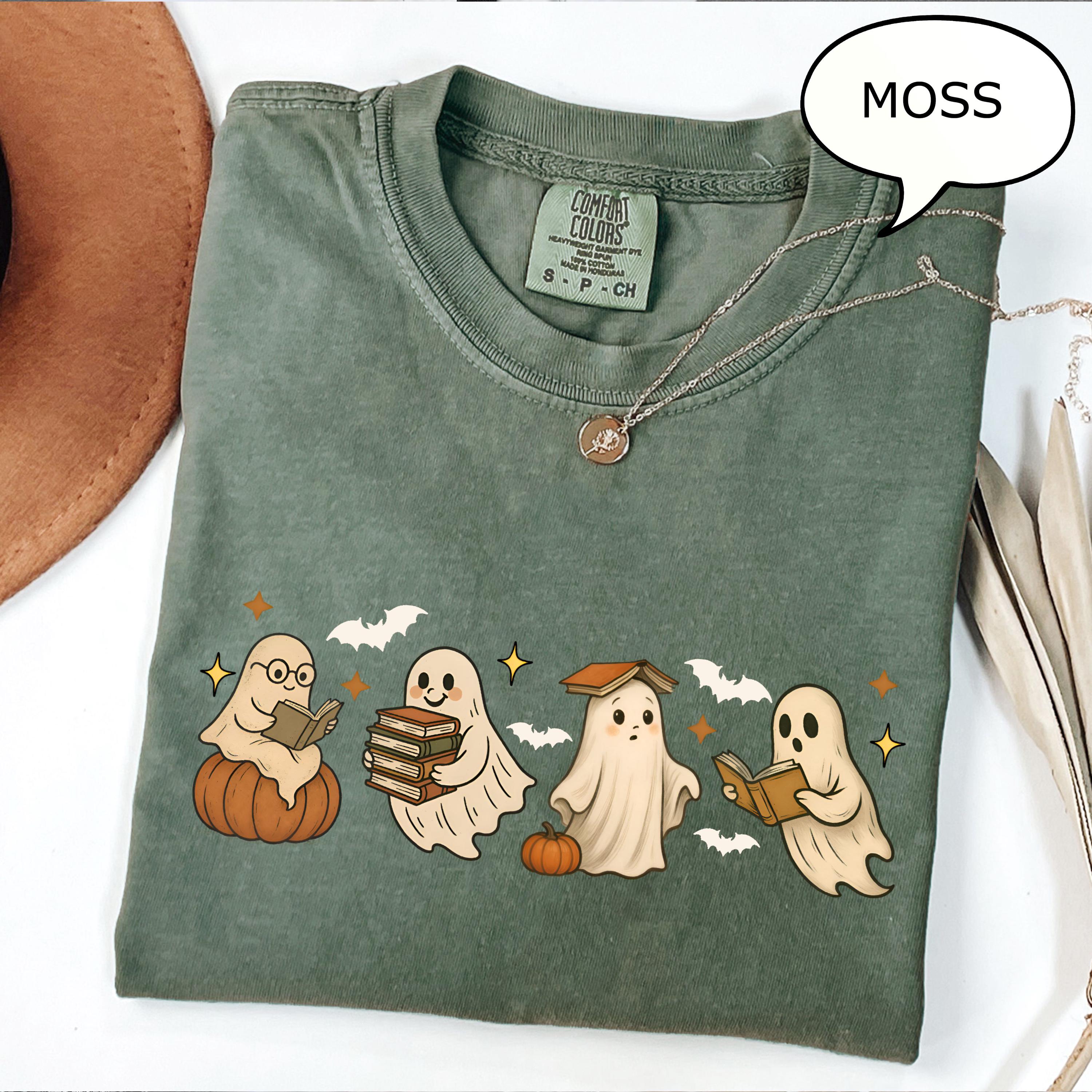 Comfort Colors® Ghost Reading Book T-Shirt, Halloween Ghost Shirt, Book Lover Gift, Teacher Halloween Shirt, Cute Ghost And Book Shirt
