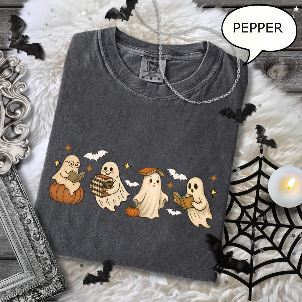 Comfort Colors® Ghost Reading Book T-Shirt, Halloween Ghost Shirt, Book Lover Gift, Teacher Halloween Shirt, Cute Ghost And Book Shirt