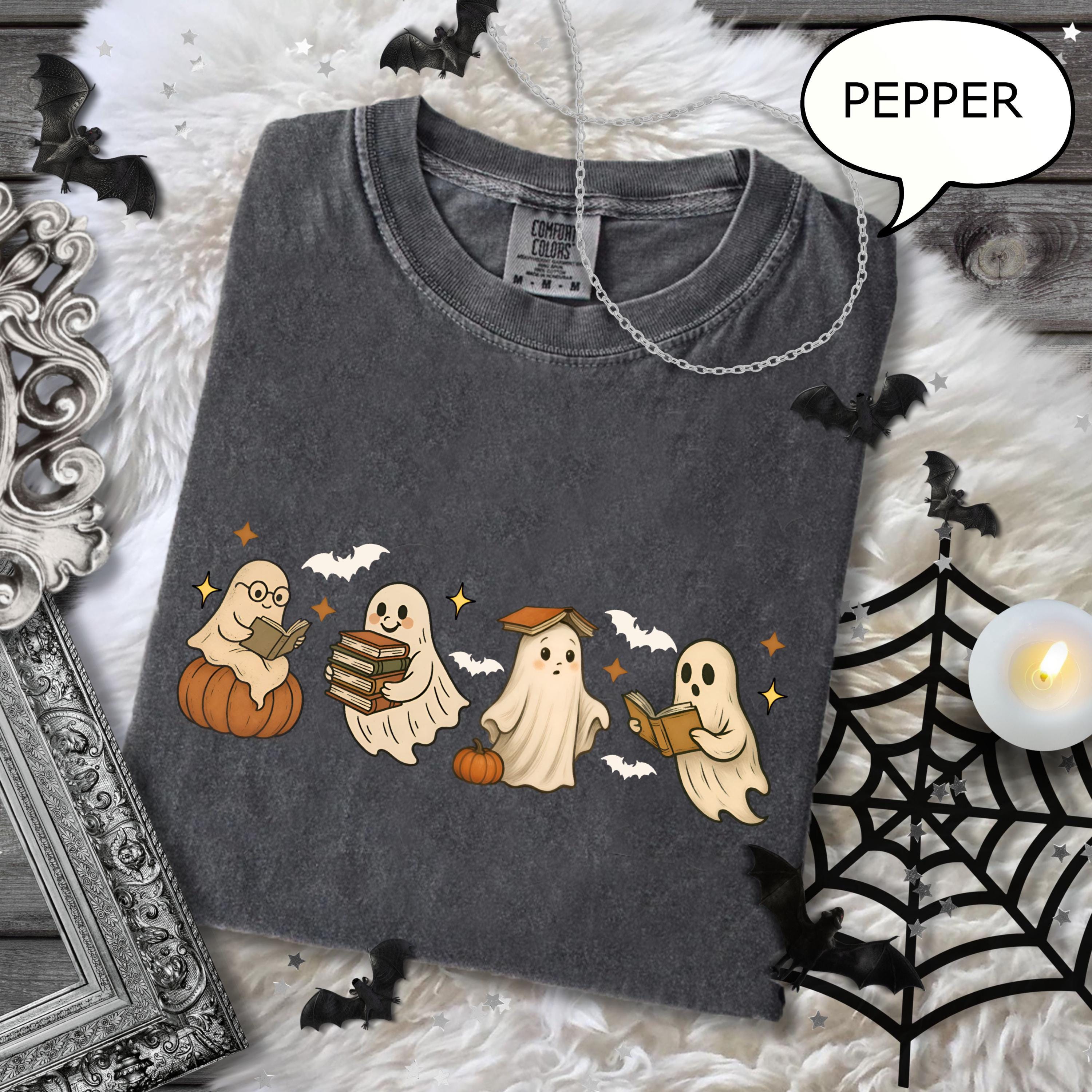 Comfort Colors® Ghost Reading Book T-Shirt, Halloween Ghost Shirt, Book Lover Gift, Teacher Halloween Shirt, Cute Ghost And Book Shirt