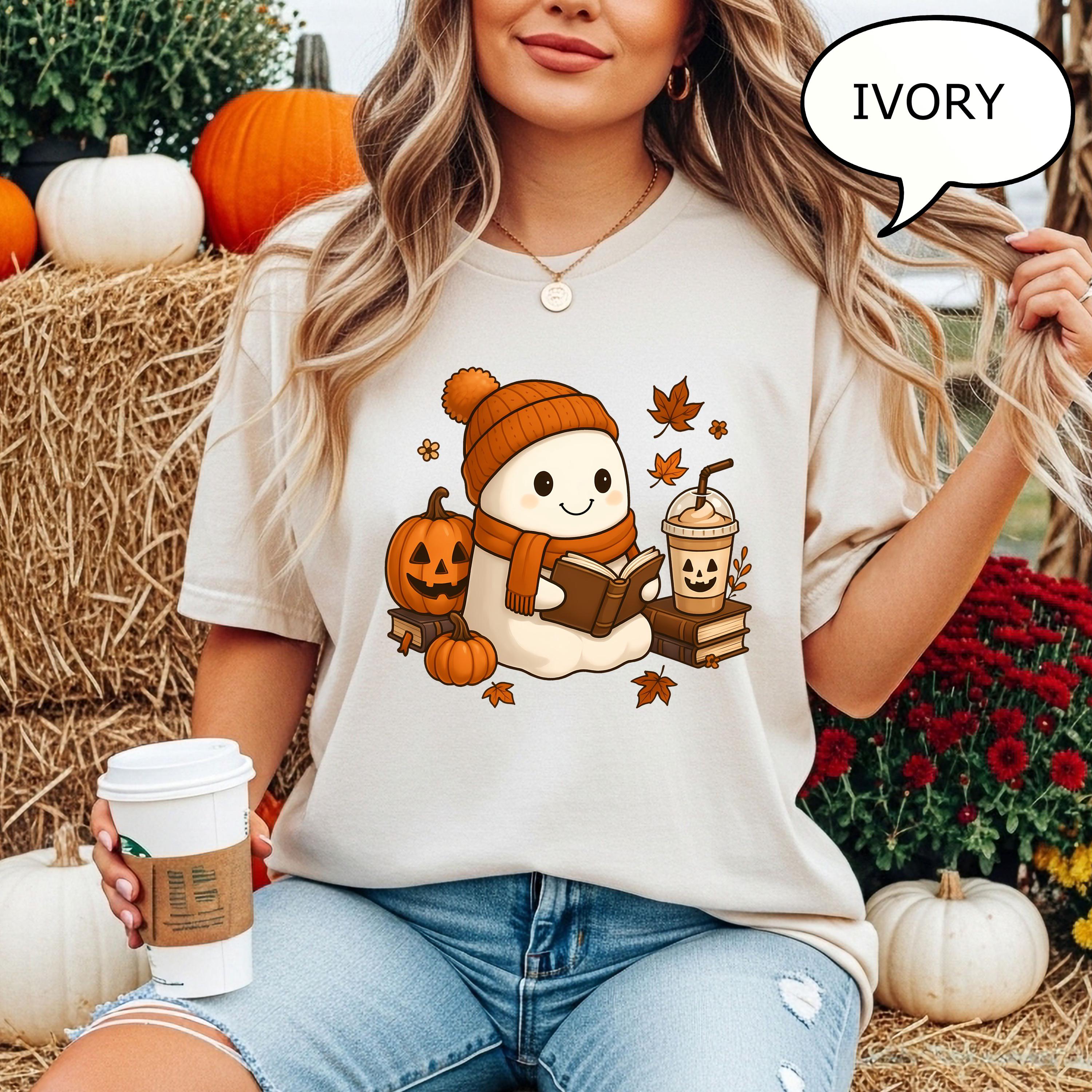 Comfort Colors® Reading Ghost T-Shirt, Fall Coffee Shirt, Autumn Teacher Shirt, Book And Coffee Lover Gift, Fall Teacher Shirt