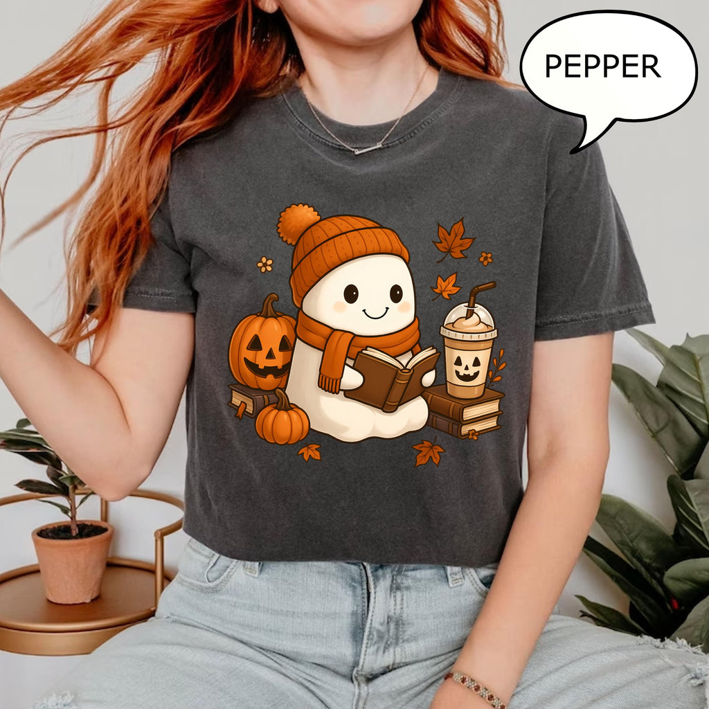 Comfort Colors® Reading Ghost T-Shirt, Fall Coffee Shirt, Autumn Teacher Shirt, Book And Coffee Lover Gift, Fall Teacher Shirt