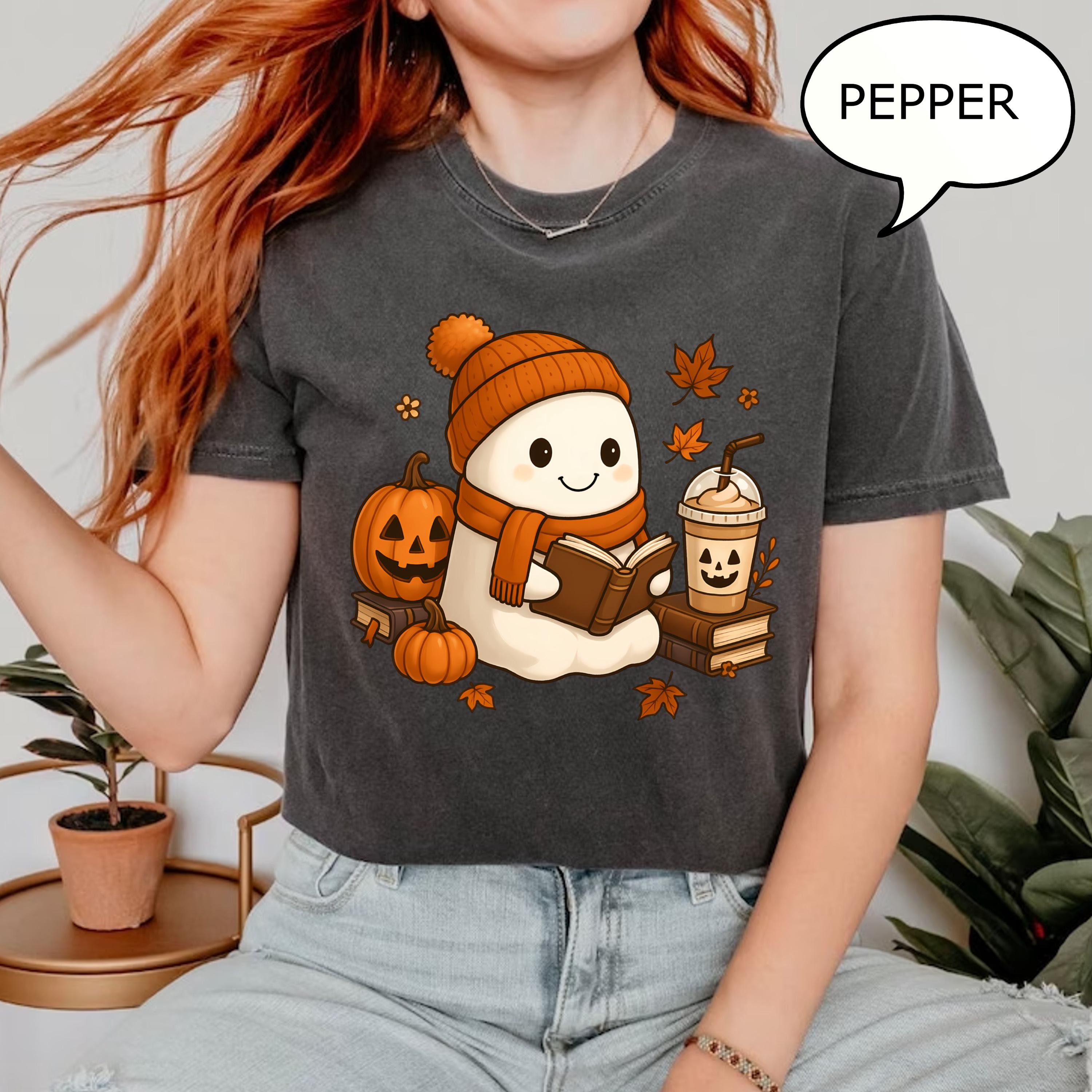 Comfort Colors® Reading Ghost T-Shirt, Fall Coffee Shirt, Autumn Teacher Shirt, Book And Coffee Lover Gift, Fall Teacher Shirt