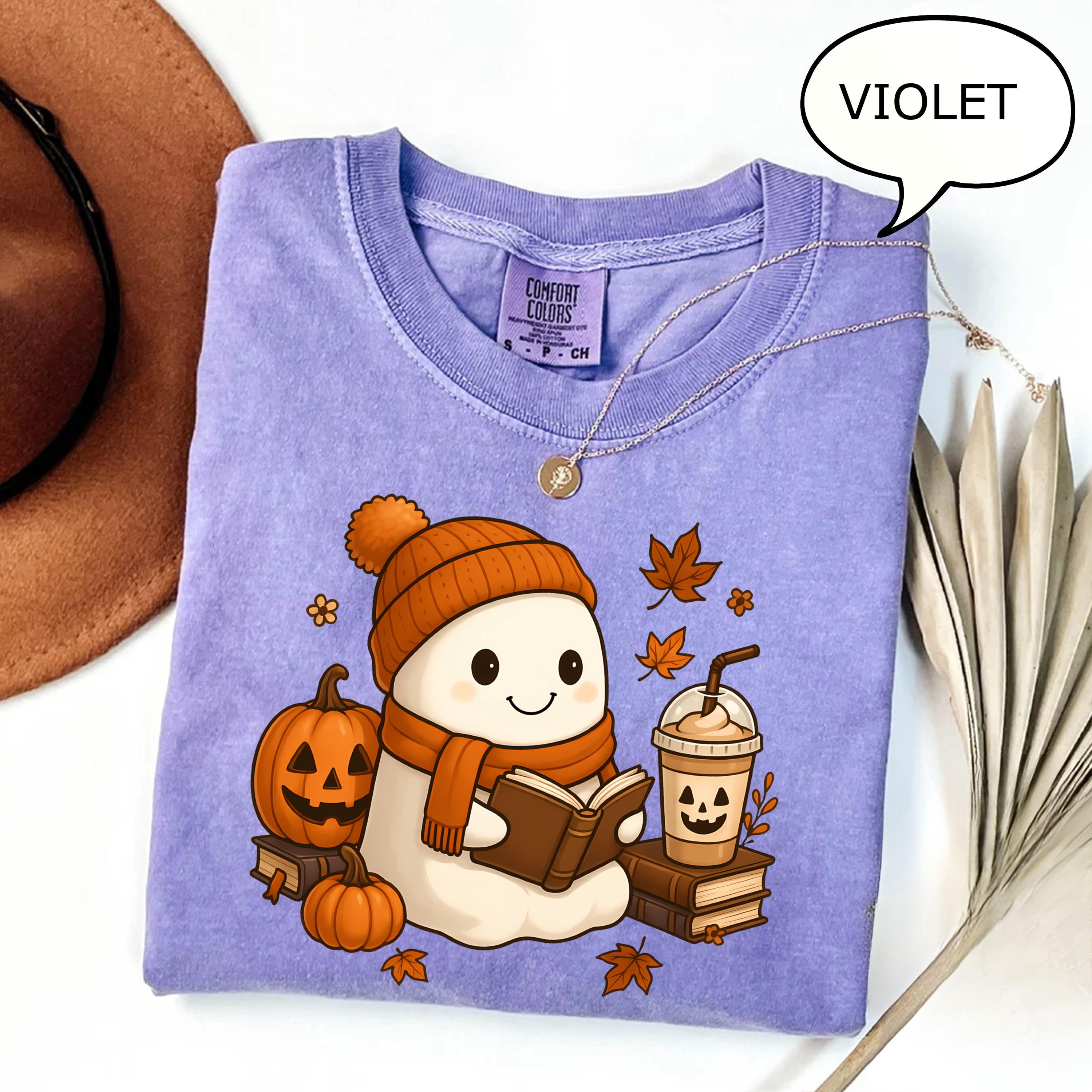 Comfort Colors® Reading Ghost T-Shirt, Fall Coffee Shirt, Autumn Teacher Shirt, Book And Coffee Lover Gift, Fall Teacher Shirt