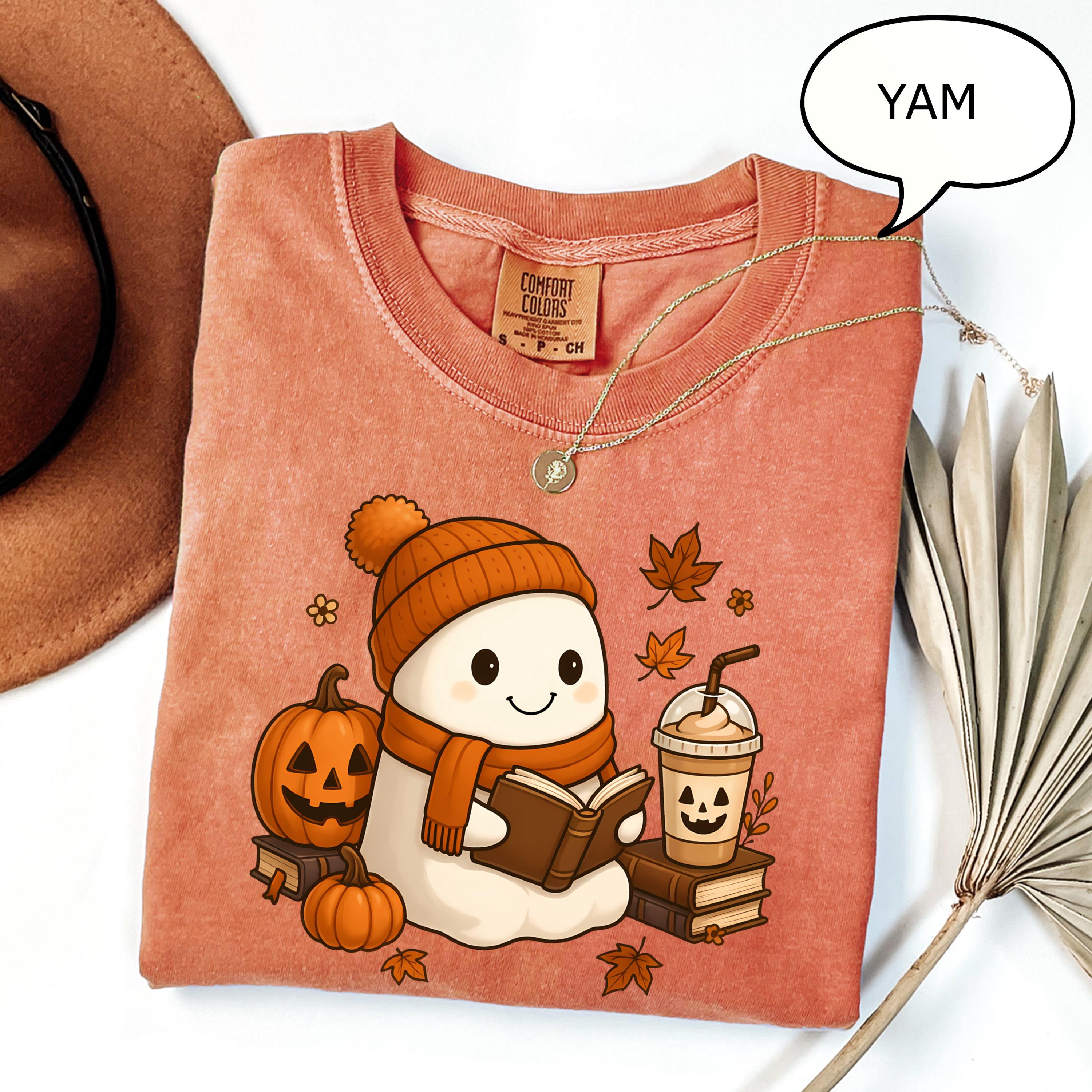 Comfort Colors® Reading Ghost T-Shirt, Fall Coffee Shirt, Autumn Teacher Shirt, Book And Coffee Lover Gift, Fall Teacher Shirt