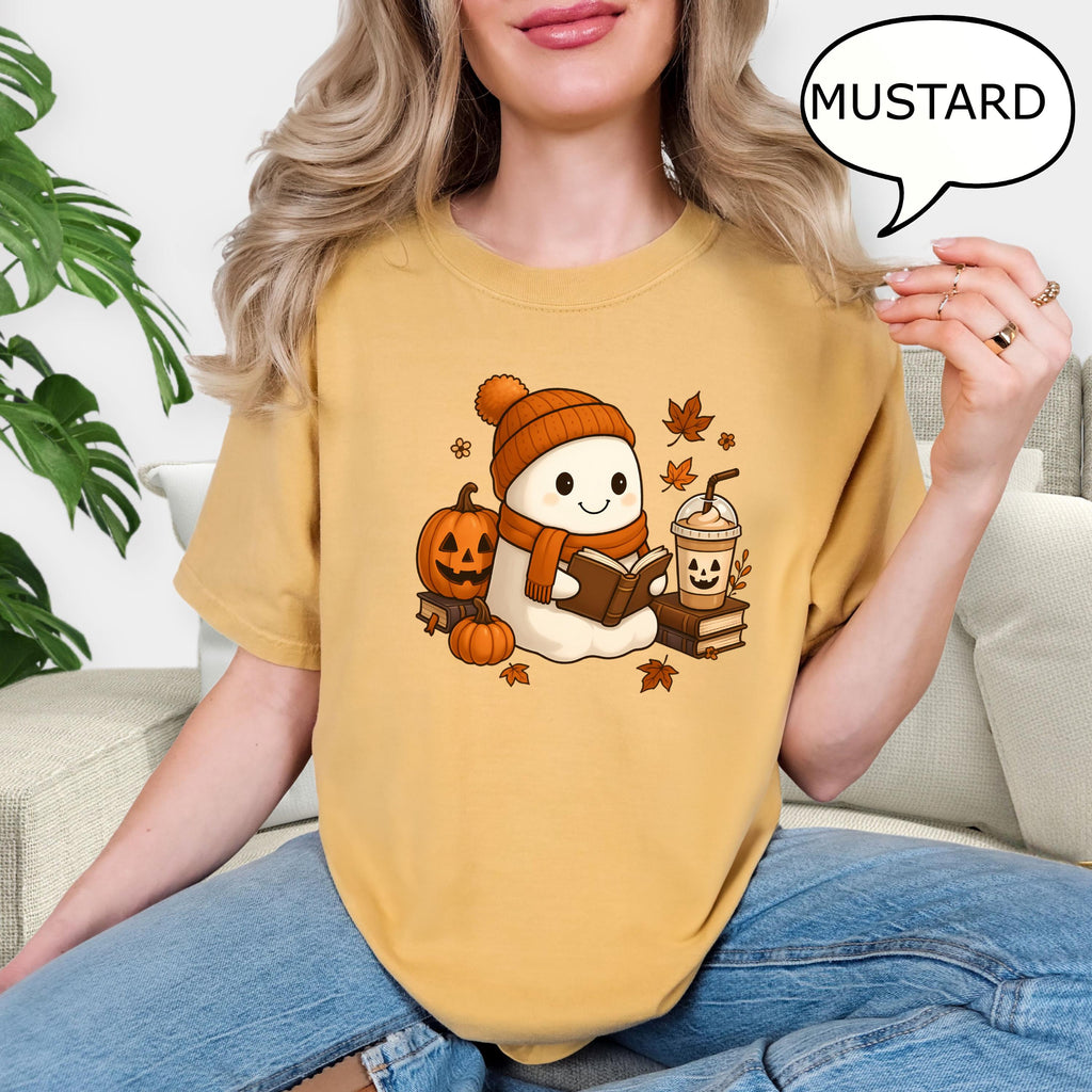 Comfort Colors® Reading Ghost T-Shirt, Fall Coffee Shirt, Autumn Teacher Shirt, Book And Coffee Lover Gift, Fall Teacher Shirt