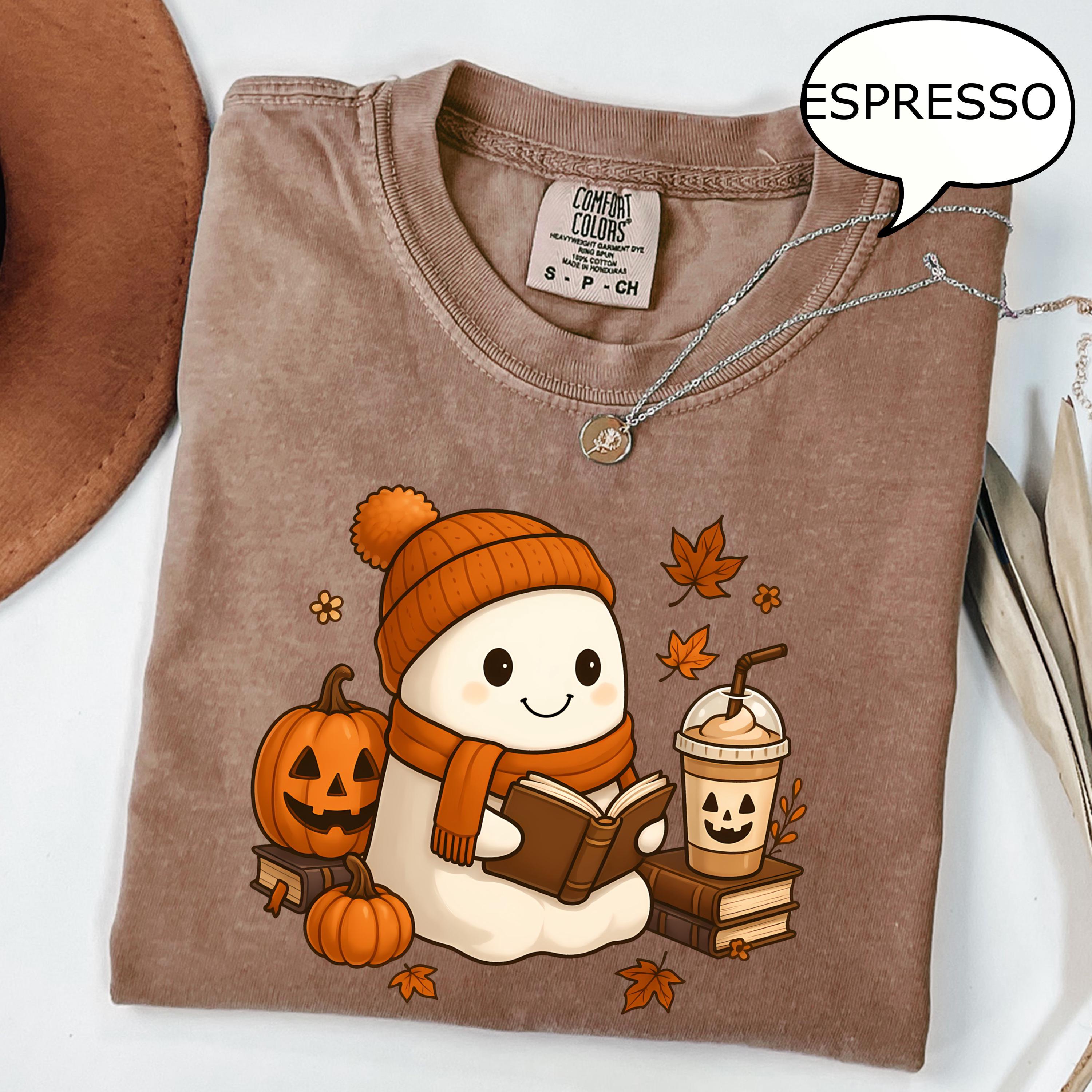 Comfort Colors® Reading Ghost T-Shirt, Fall Coffee Shirt, Autumn Teacher Shirt, Book And Coffee Lover Gift, Fall Teacher Shirt