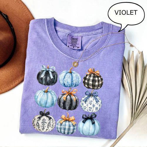 Comfort Colors® Blue Bow Pumpkin T-Shirt, Coquette Pumpkin Shirt, Blue Pumpkin Shirt, Pumpkin Season Shirt, Fall Pumpkin Tee