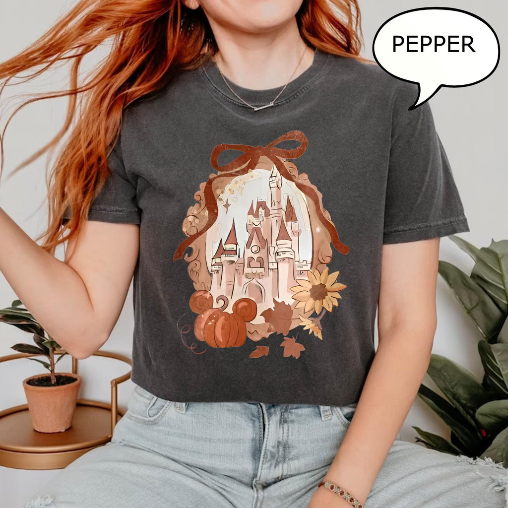 Comfort Colors® Coquette Bow Pumpkin Castle T-Shirt, Fall Shirt, Fall Magical Kingdom Shirt, Fall Castle Shirt