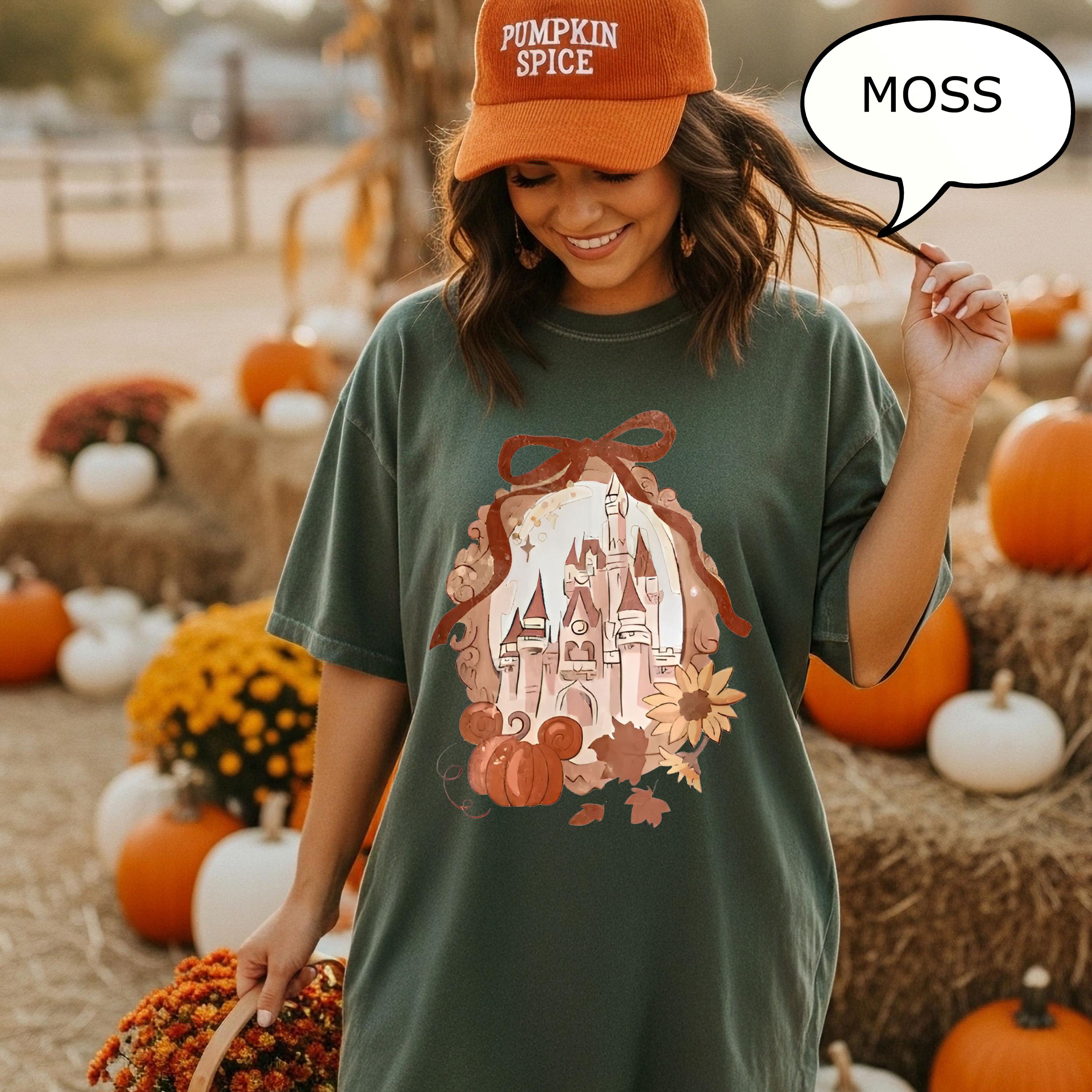 Comfort Colors® Coquette Bow Pumpkin Castle T-Shirt, Fall Shirt, Fall Magical Kingdom Shirt, Fall Castle Shirt