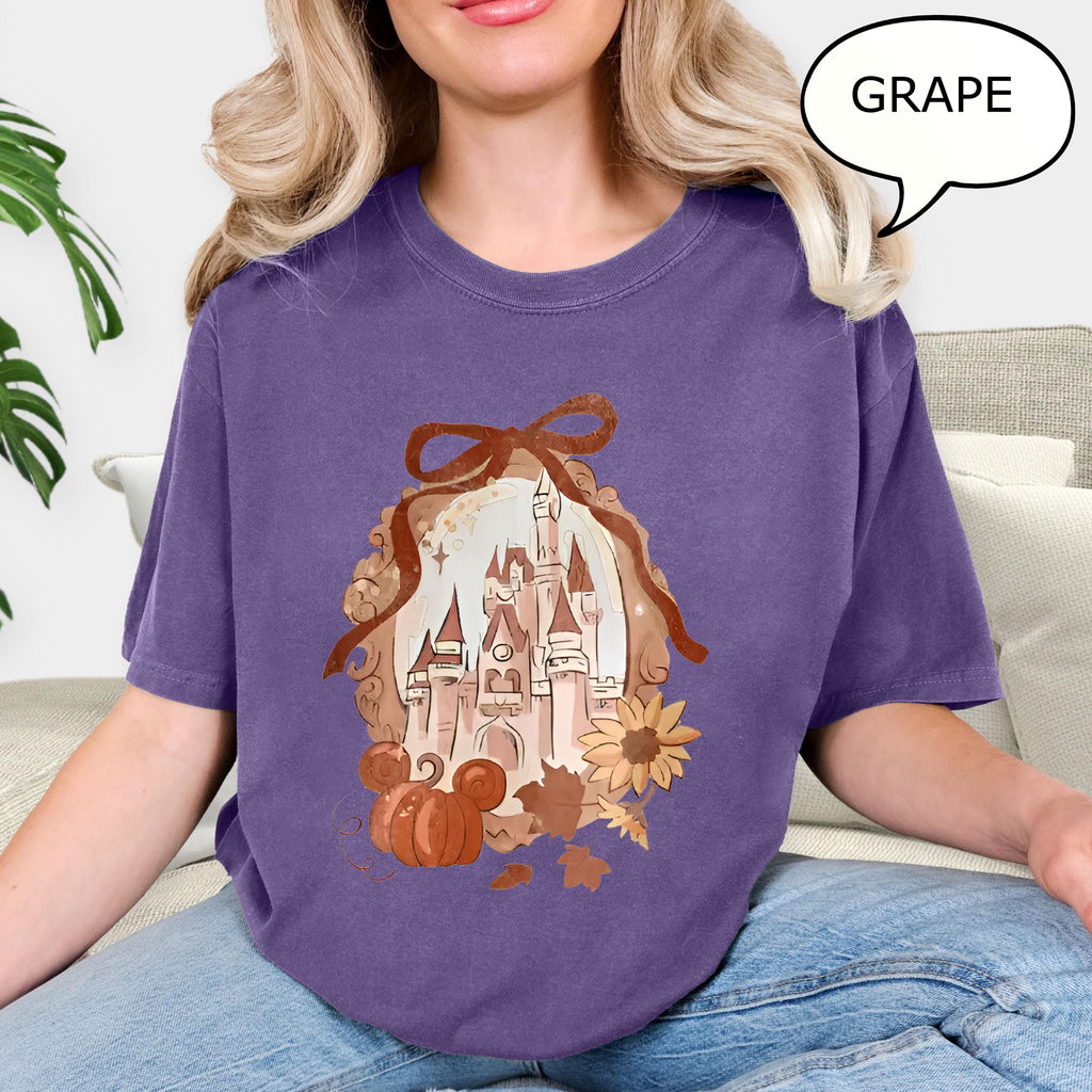 Comfort Colors® Coquette Bow Pumpkin Castle T-Shirt, Fall Shirt, Fall Magical Kingdom Shirt, Fall Castle Shirt