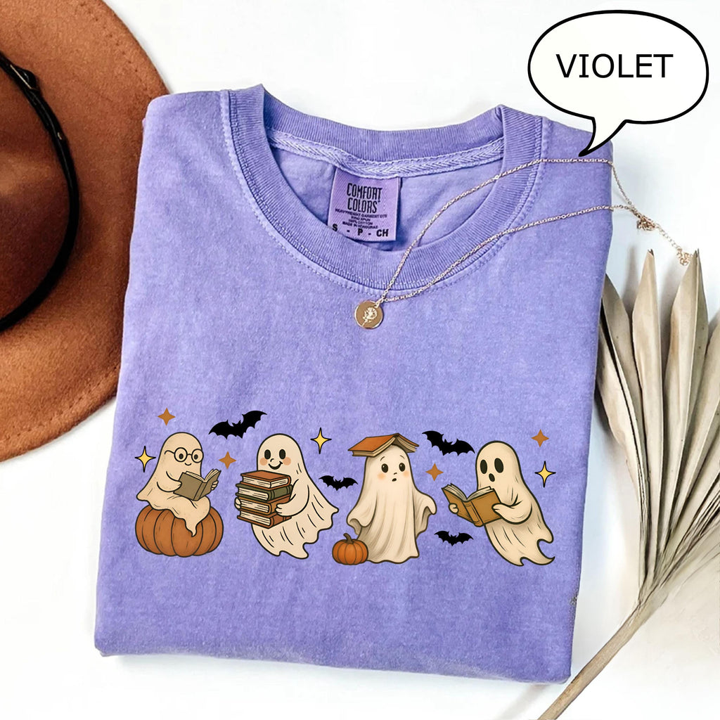 Comfort Colors® Ghost Reading Book T-Shirt, Halloween Ghost Shirt, Book Lover Gift, Teacher Halloween Shirt, Cute Ghost And Book Shirt
