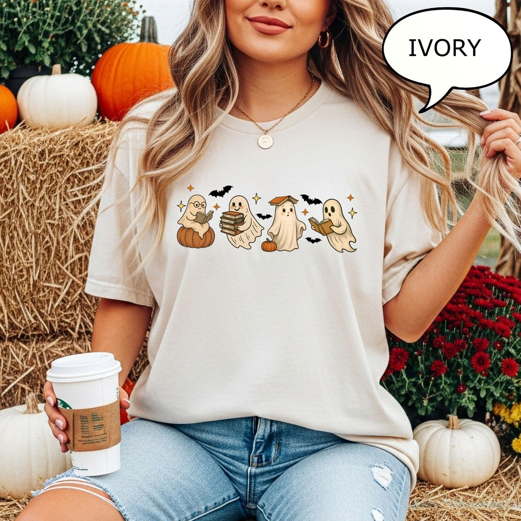 Comfort Colors® Ghost Reading Book T-Shirt, Halloween Ghost Shirt, Book Lover Gift, Teacher Halloween Shirt, Cute Ghost And Book Shirt