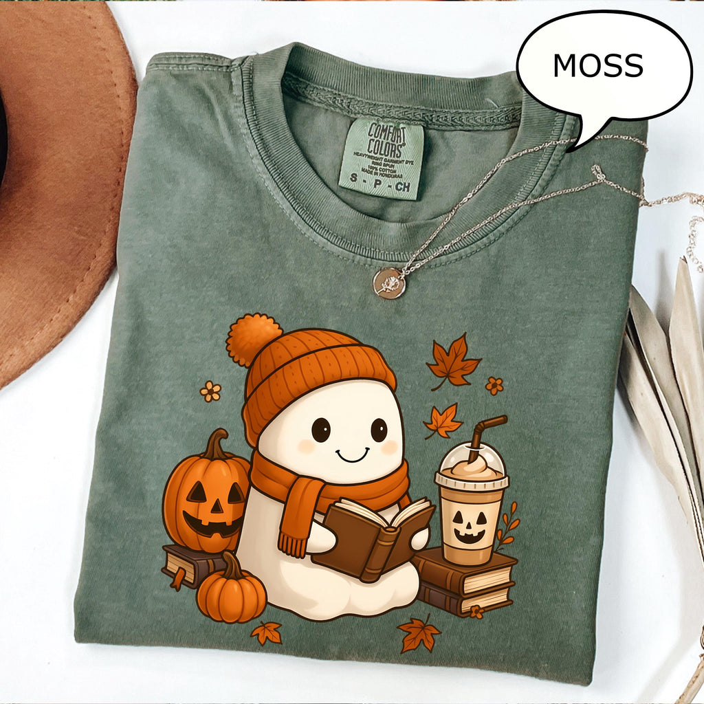 Comfort Colors® Reading Ghost T-Shirt, Fall Coffee Shirt, Autumn Teacher Shirt, Book And Coffee Lover Gift, Fall Teacher Shirt