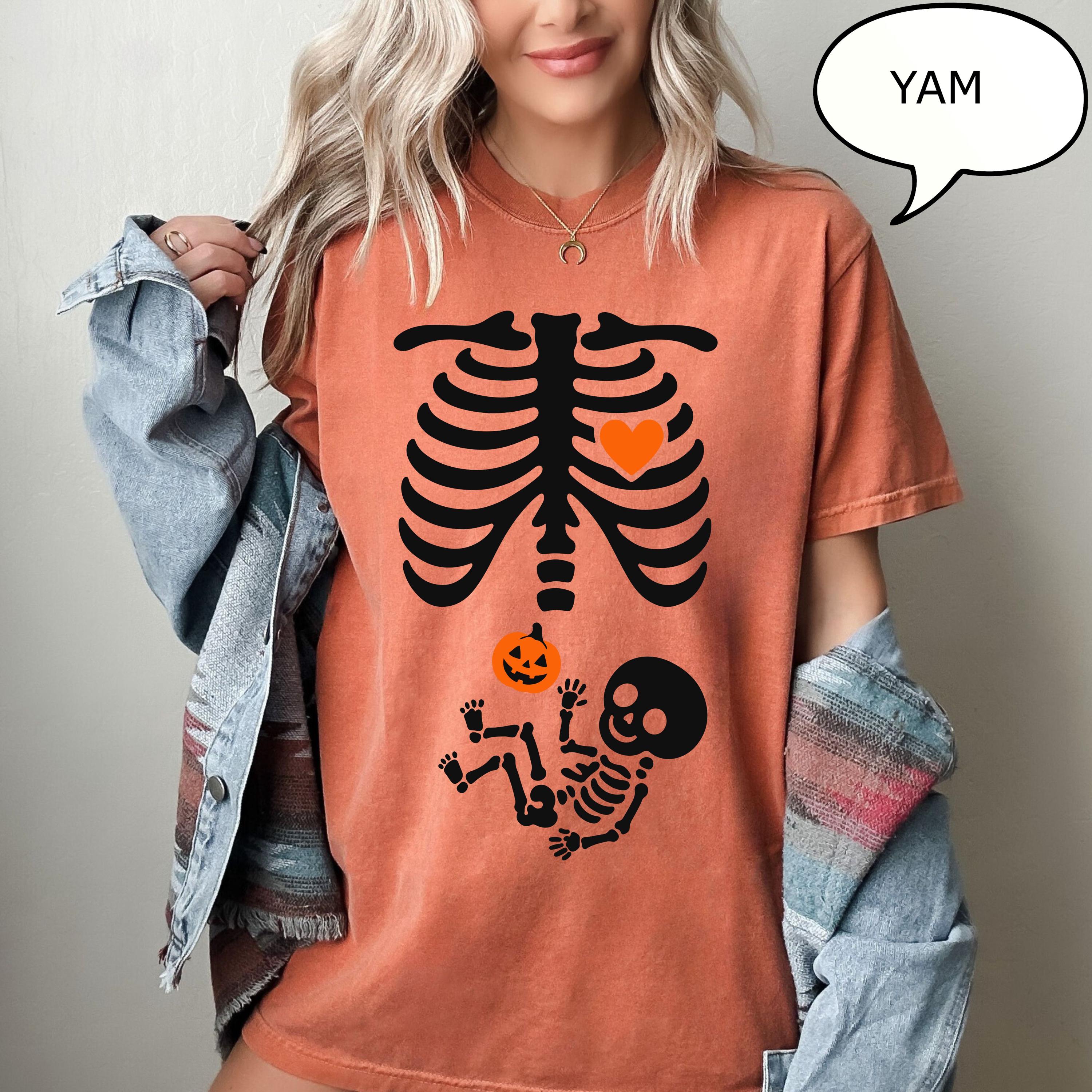 Comfort Colors® Skeleton Halloween Maternity T-Shirt, Skeleton Pregnant Shirt, Pregnant Halloween Shirt, Pregnancy Announcement T-Shirt